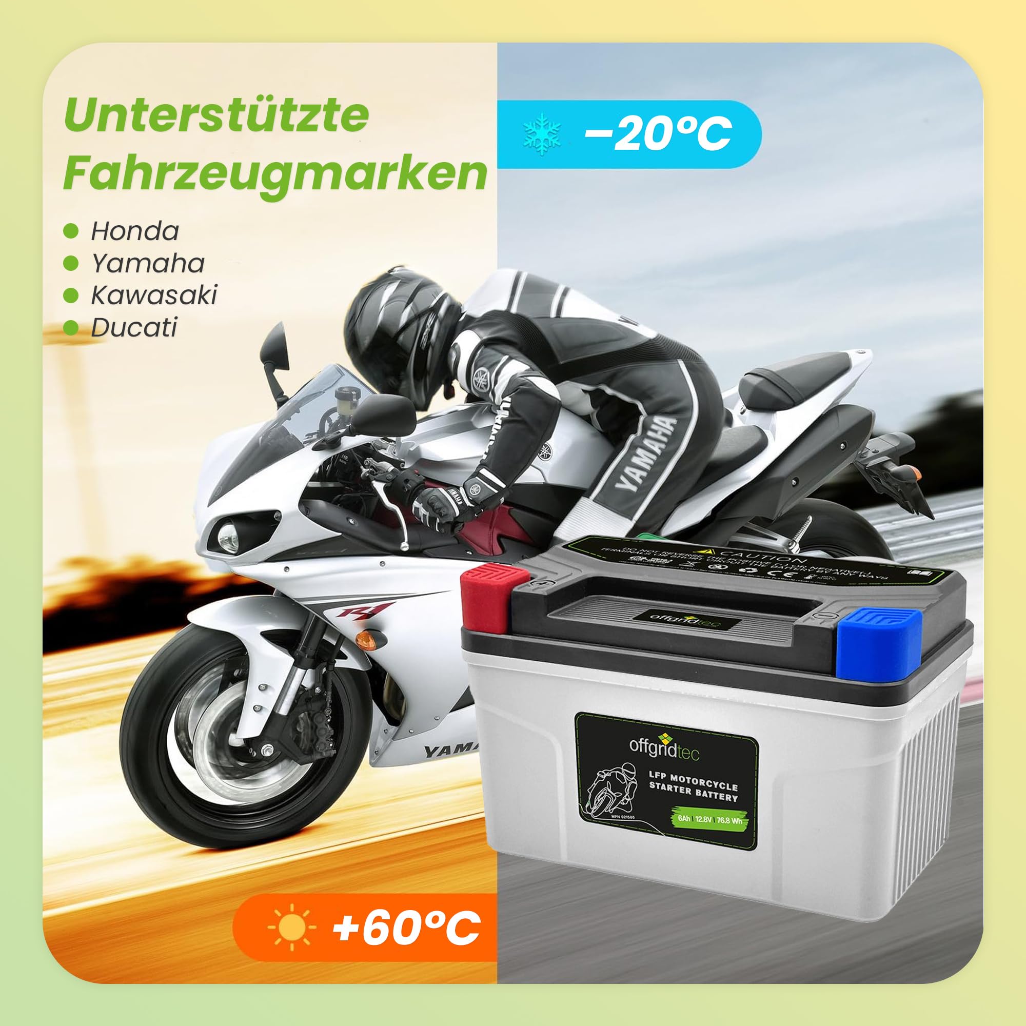 Offgridtec Motorradbatterie LiFePO4 12,8V 6Ah – Lithium Starterbatterie Motorrad, Ersatz für YTX7A-BS, YTZ10S, UTZ10S
