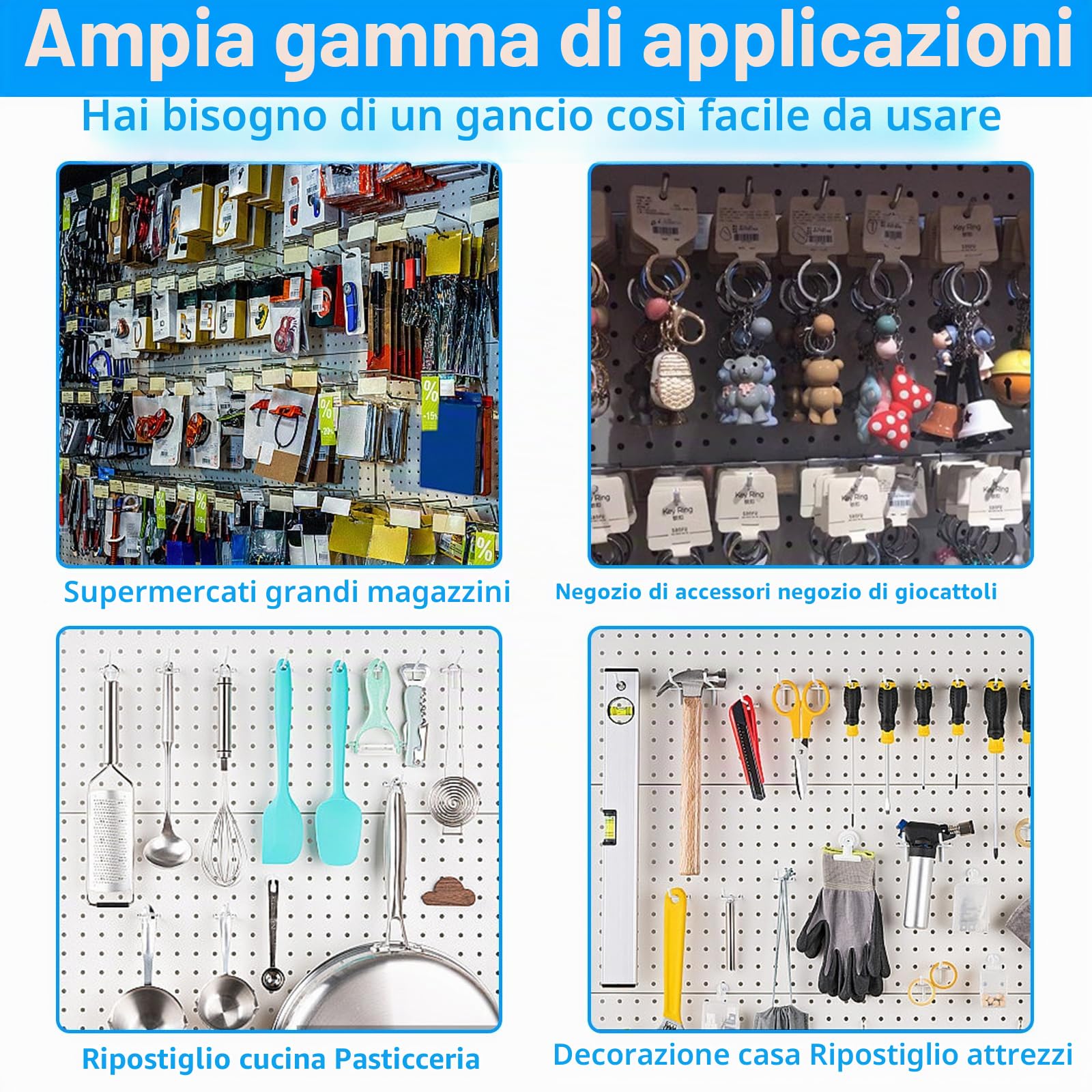 100 ganci da parete con fori da 10 cm, ganci per attrezzi Pegboard, ganci singoli, accessori per lavagna, montaggio a parete, garage, scaffale, officina