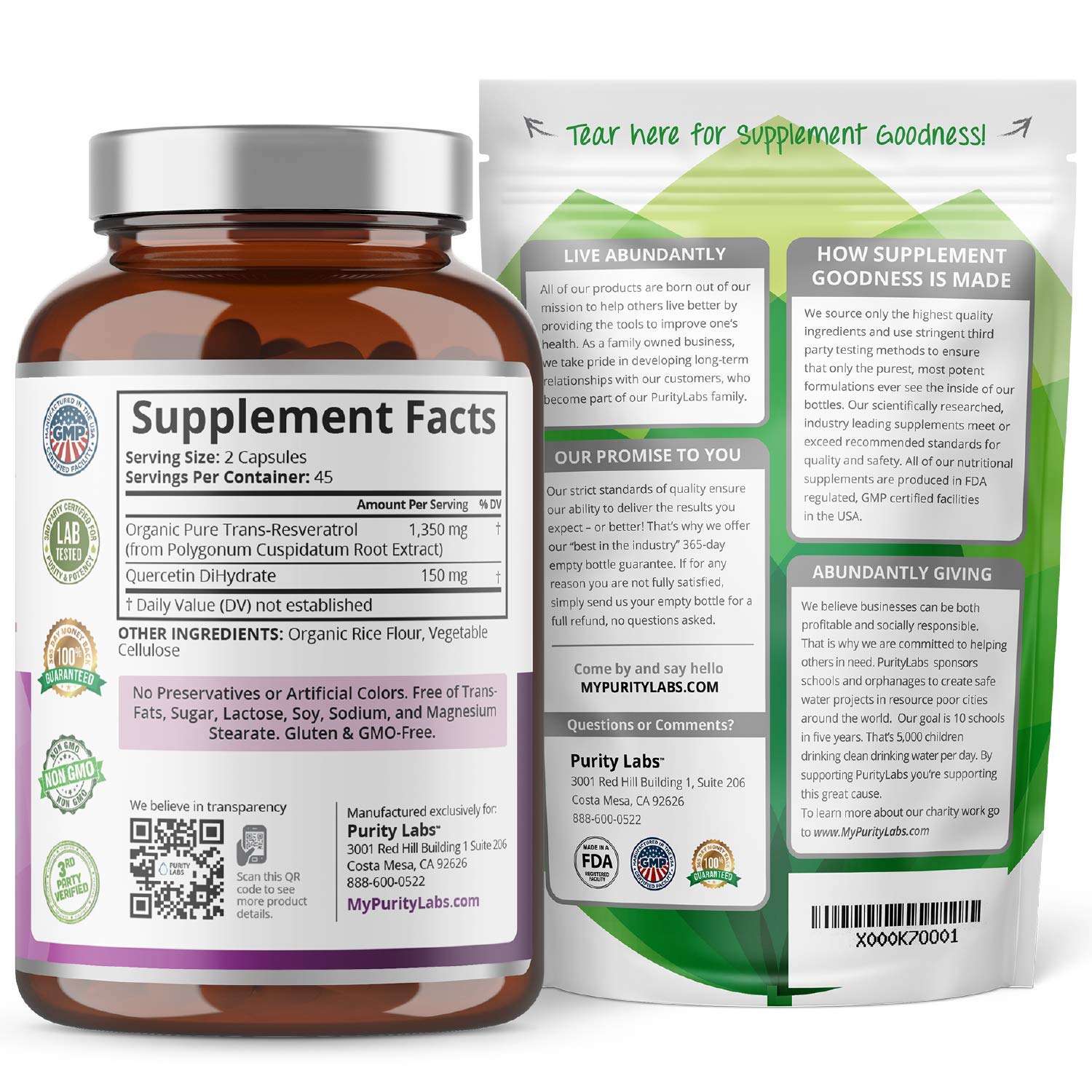 Organic TransResveratrol 1,500MG Enhanced with Quercetin Powerful