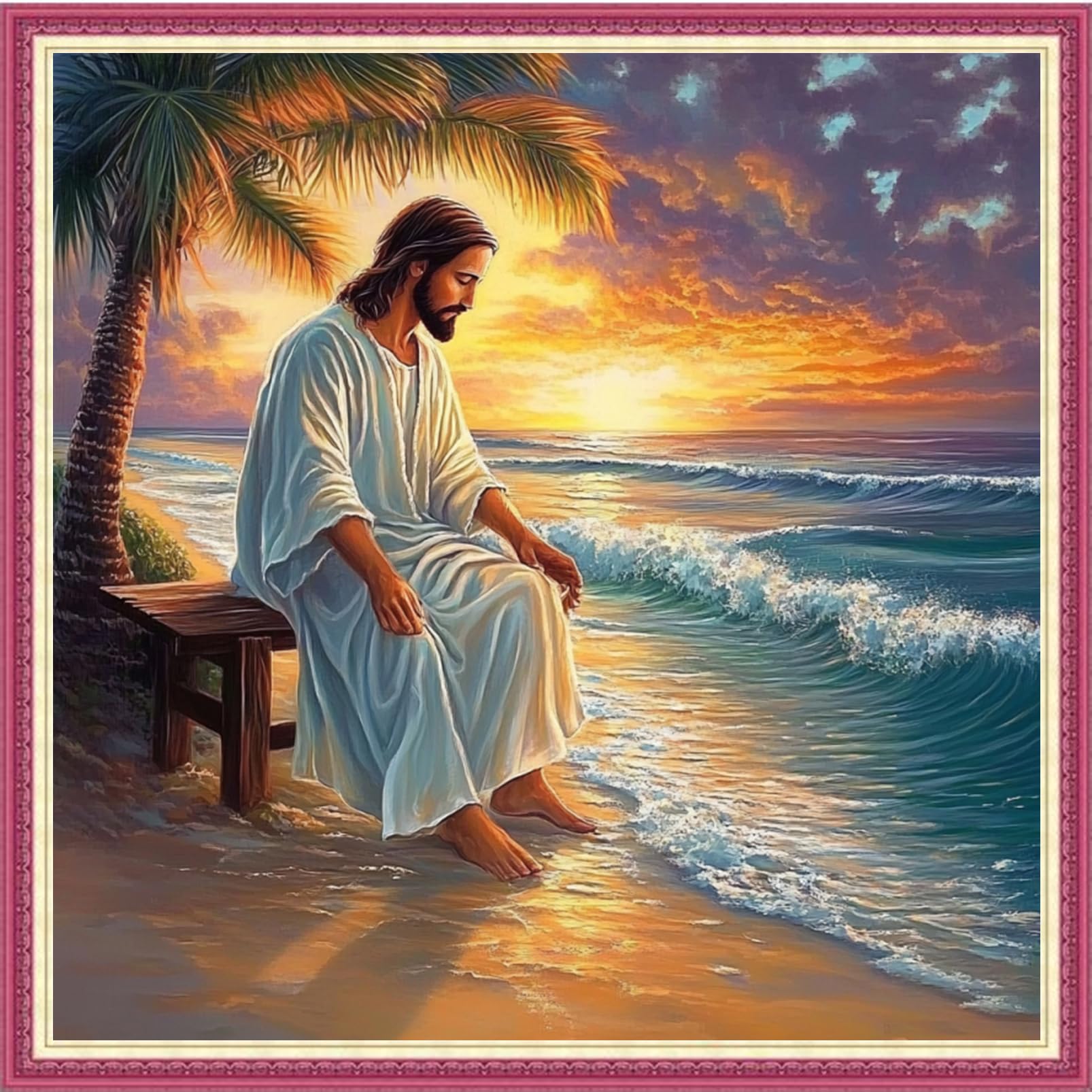 Fanxvivy Stamped Cross Stitch Kits for Beginners Full Range of Cross Stitching Preprinted Embroidery Kits for Adults, 11CT Embroidery Pattern Needlepoint Kits- Jesus Resting by Seaside 18×18 inch