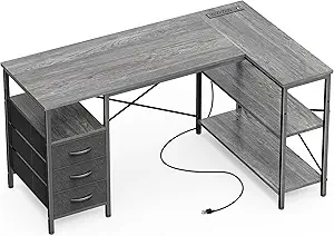 Huuger L Shaped Office Desk with Power Outlets, 47 Inch Computer Desk with 3 Drawers, Shelves, for Gaming, Corner Work, Home Office, Study, Grey