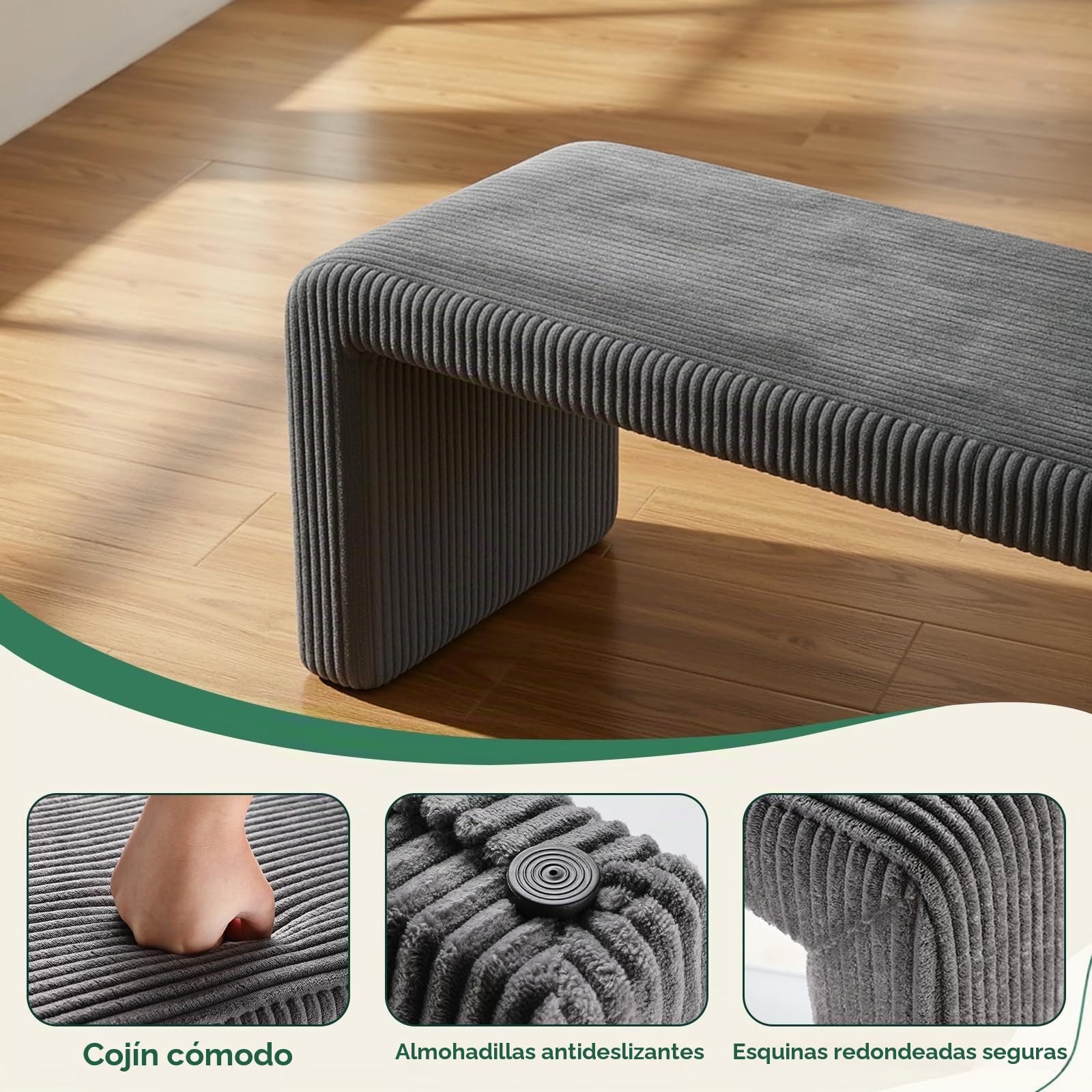 Clevich Juego de 3 Bancos tapizados, Banco al pie de la Cama, con 2 taburetes pequeños, cómodo Banco de Entrada/tocador, Moderno Banco Curvo, para Sala de Estar/Dormitorio/Entrada, Gris