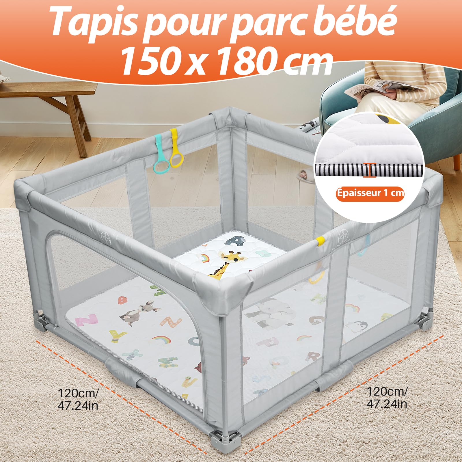 FUNYKICH Tapis d'Éveil et Motricité Bébé 150x180cm Tapis de Jeu Bébé Pliable,Sécurisé,Lavable,Tapis de Sol Éducatif Antidérapant pour Enfants 1-3 Ans-Jeu,Crawling,Cadeau Naissance,Intérieur/Extérieur