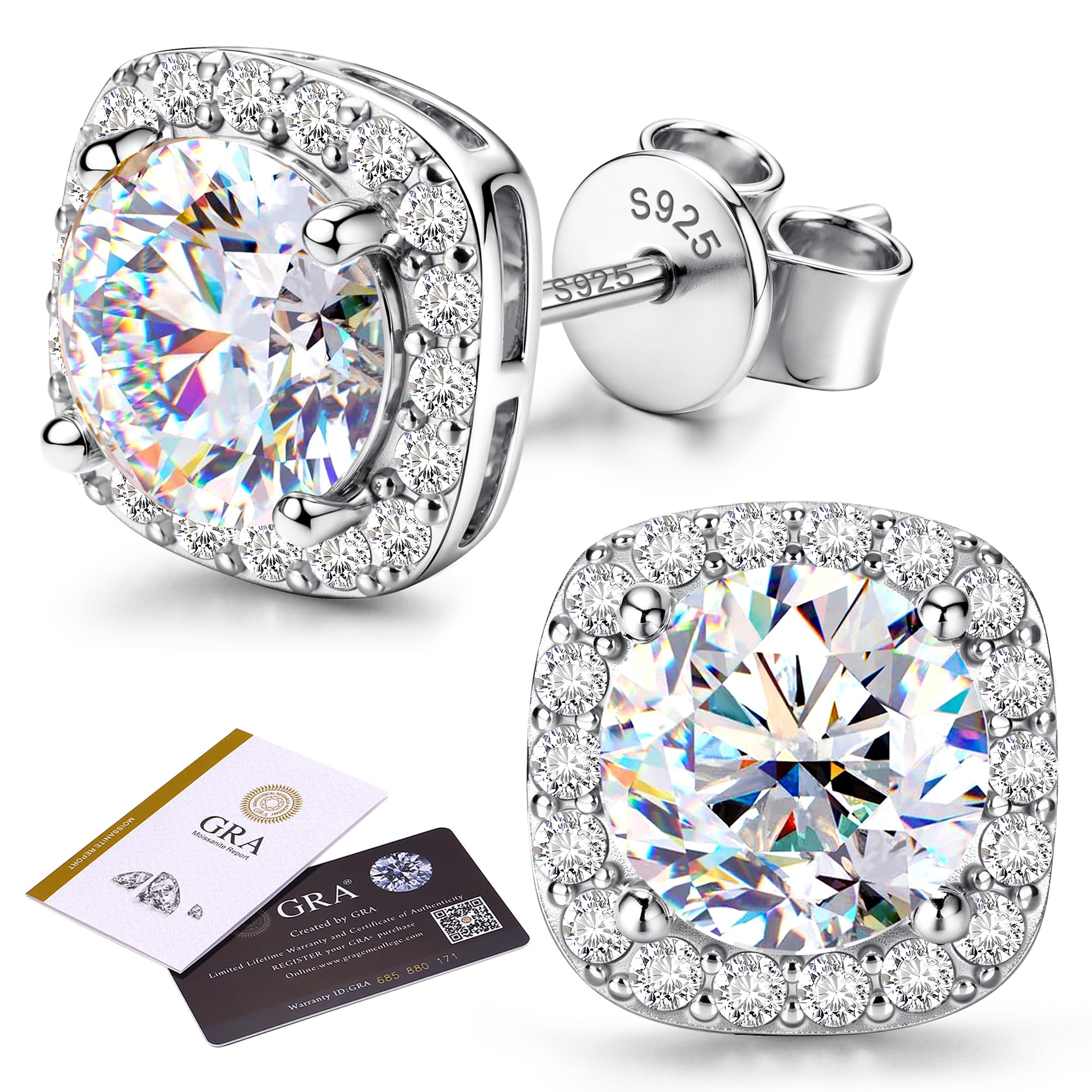 GEMQUEEN Moissanite Halo 귀걸이 스터드: 18K 금 도금 솔리드 925 스털링 실버 스터드 귀걸이 여성용 남성용 저자극성 앙증맞은 모이사나이트 주얼리 민감한 귀 라운드 컷 D 컬러 VVS1 1CT-4CT