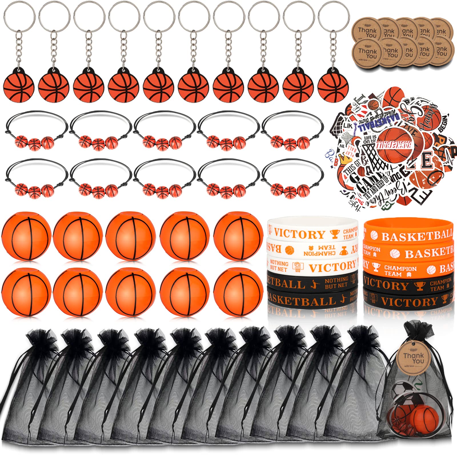 Photo 1 of Silkchio Basketball Party Favors Sets, Basketball Theme Party Supplies 110pcs, Mini Fidget Spinner Keychains Silicone Wristbands Bracelet Basketball Stickers Set Bags for Birthday Party Decorations