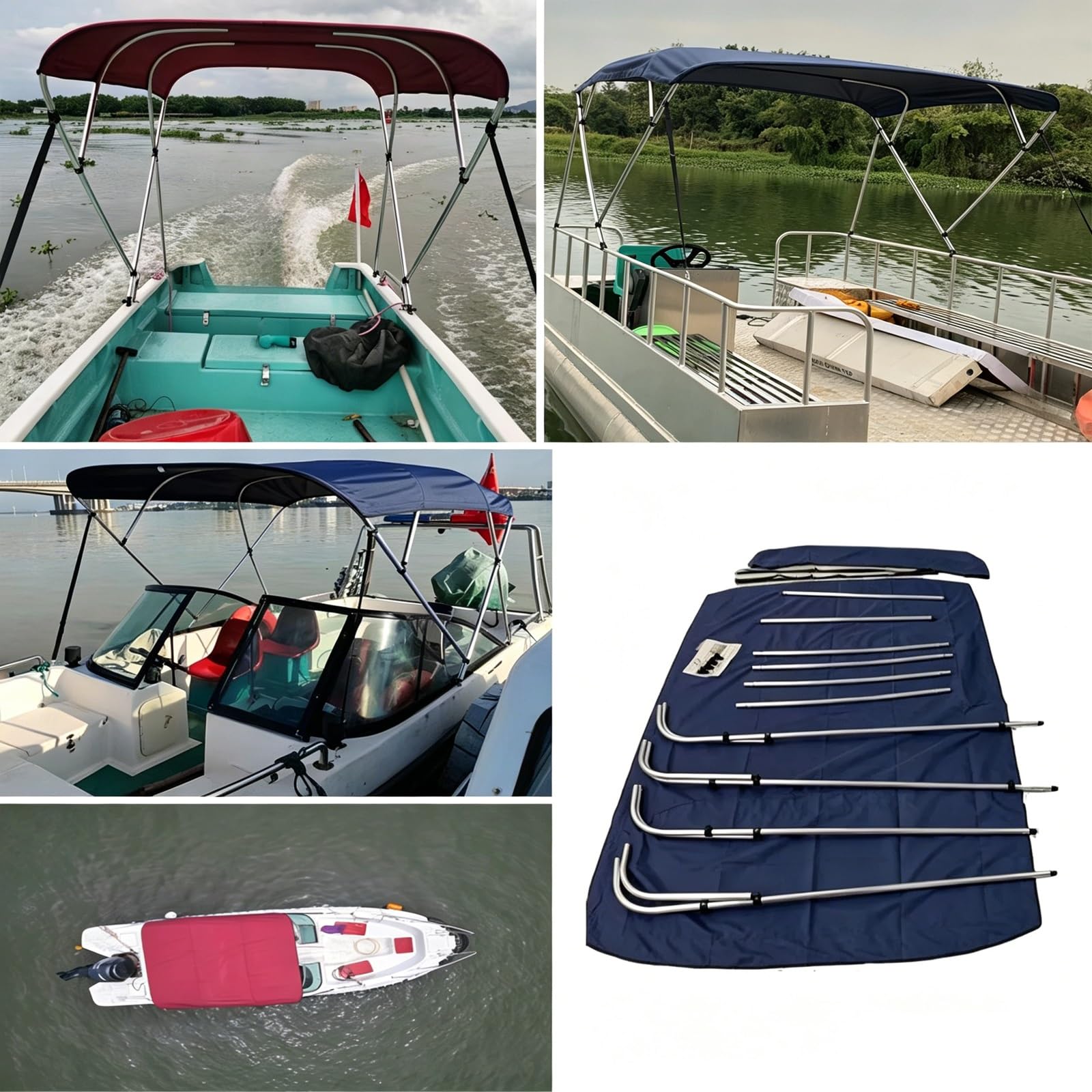 Tendalino Barca a 4 Archi, Ombreggiatura per Barche, Tessuto Oxford 800D, Telaio in Alluminio, 2 Pali di Supporto Posteriori, 2 Cinghie, Custodia Inclusa(Red,190-210cm/75-82in)
