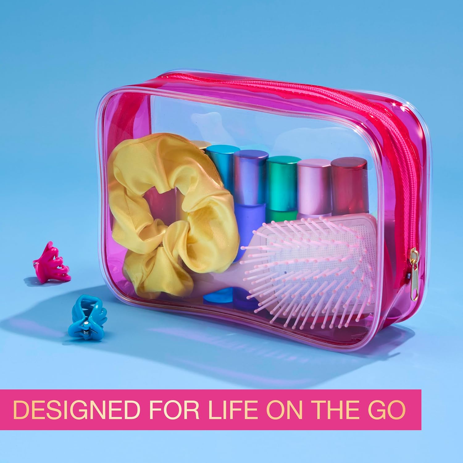 Scunci by Conair Hair Accessories Kit for Women, Hair Clips, Hair Ties & Mini Hair Brush Set, Travel Hair Essentials with Rainbow Polybands & Clear-Sided Storage Pouch, Pink image 3