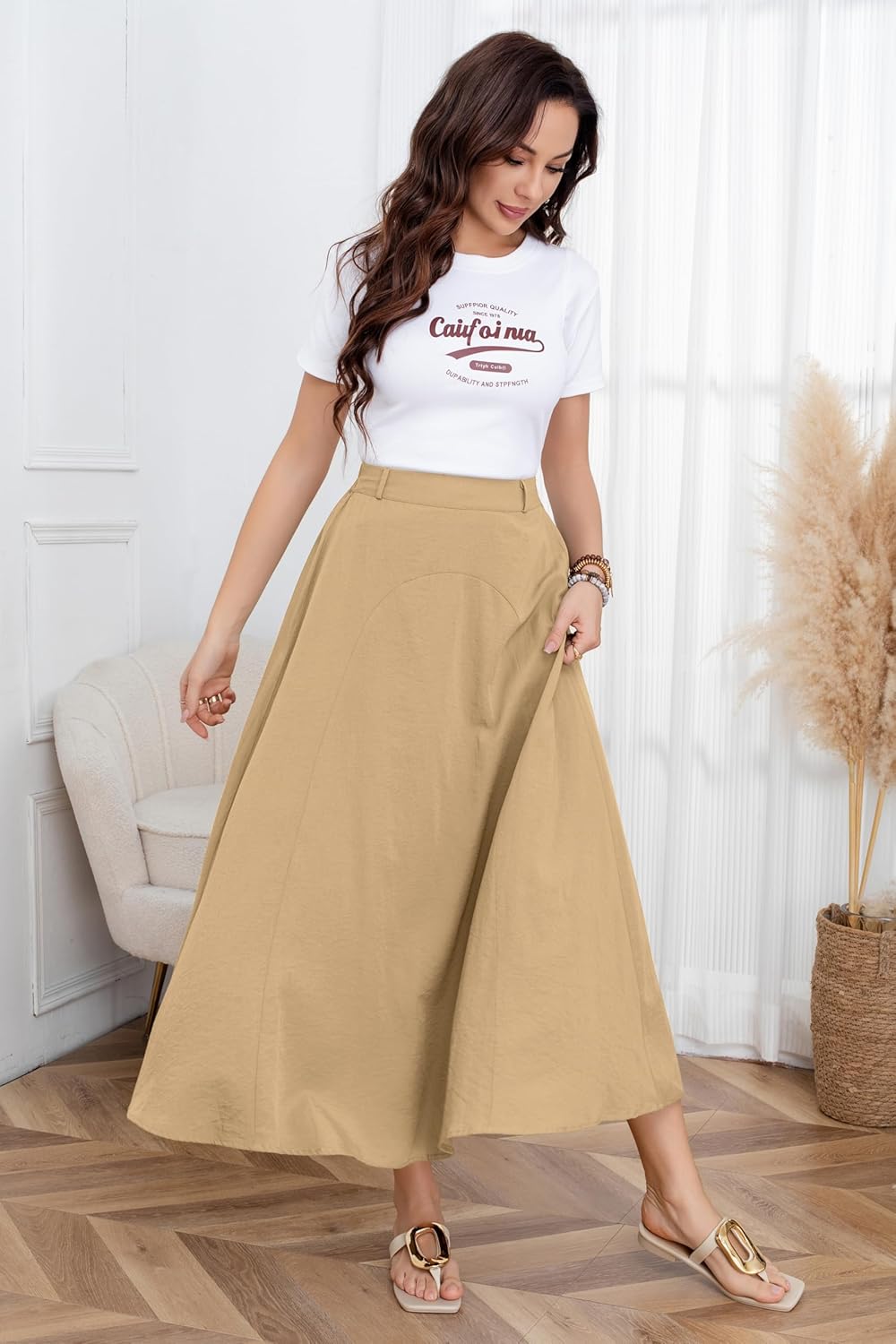 CHARTOU Women Casual Cotton Linen A Line Skirt High Waist Long Flowy Skirt Flare Swing Ruffle Skirt - Image 7