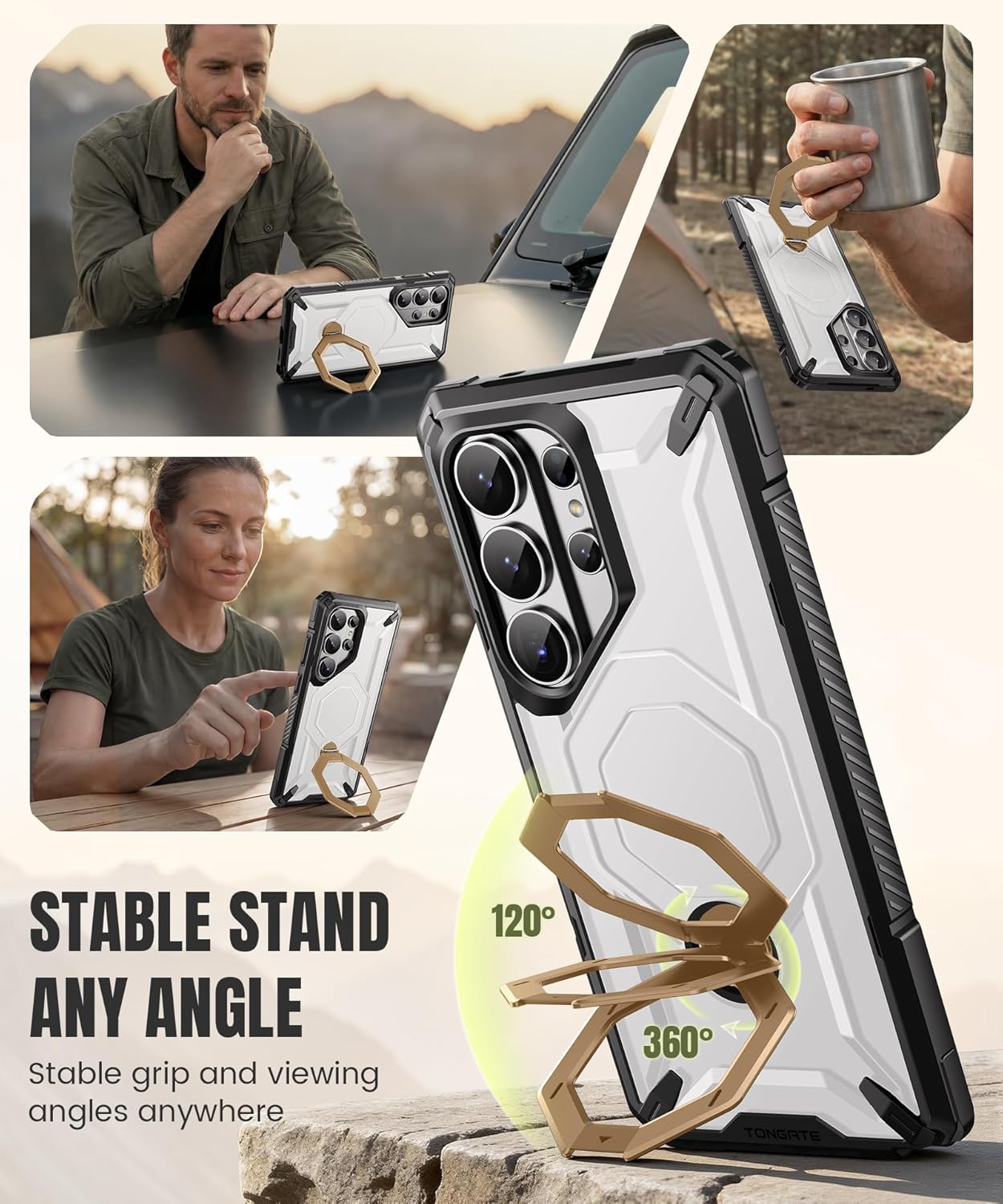 TONGATE for Samsung Galaxy S26 Ultra Case with 360° Spin Magnetic Stand, Compatible with MagSafe, Built-in Screen Protector & Belt Clip, Non-Slip Military Grade Protection Case for S26 Ultra, Gold