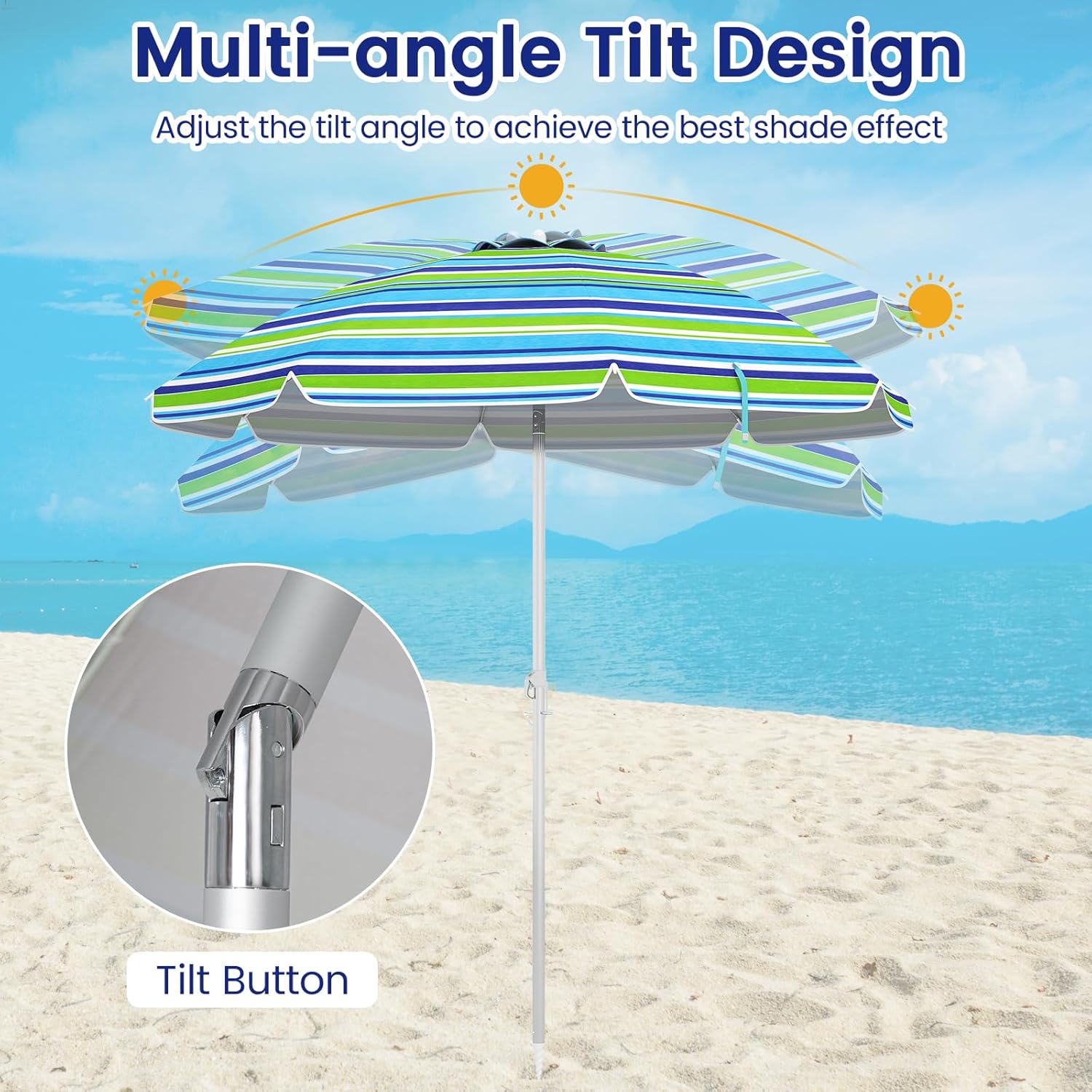 6.5 ft Beach Umbrella, Portable Umbrella Outdoor with Sand Anchor, Sun Protection, Push Button Tilt & Carry Bag, Sunshade Parasol for Beach, Patio, Garden, Poolside & Yard