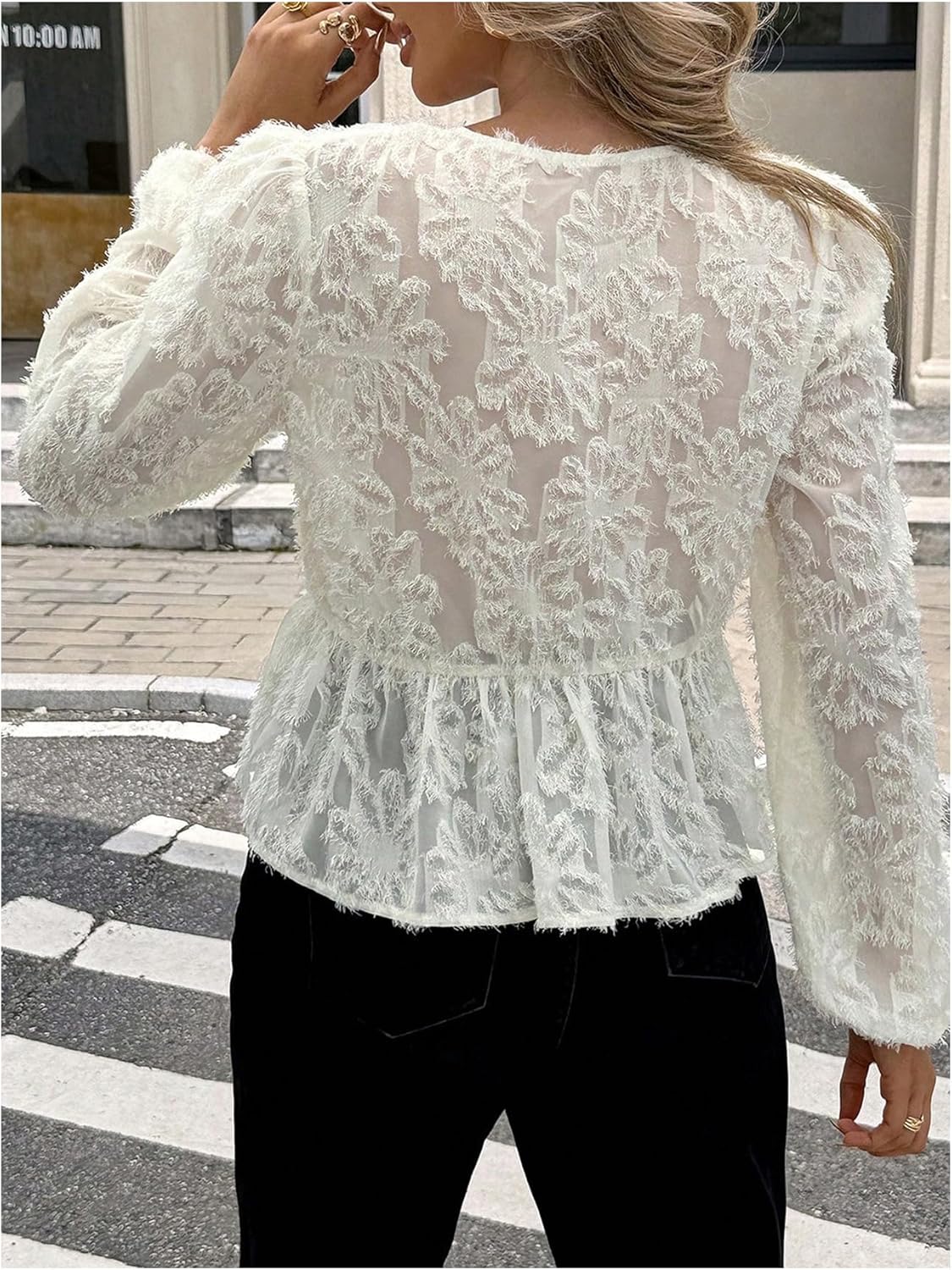 SHENHE Women's Y2k Lace Bow Cut Flower Chiffon Shirt Lantern Long Sleeve Fall Blouse - Image 3