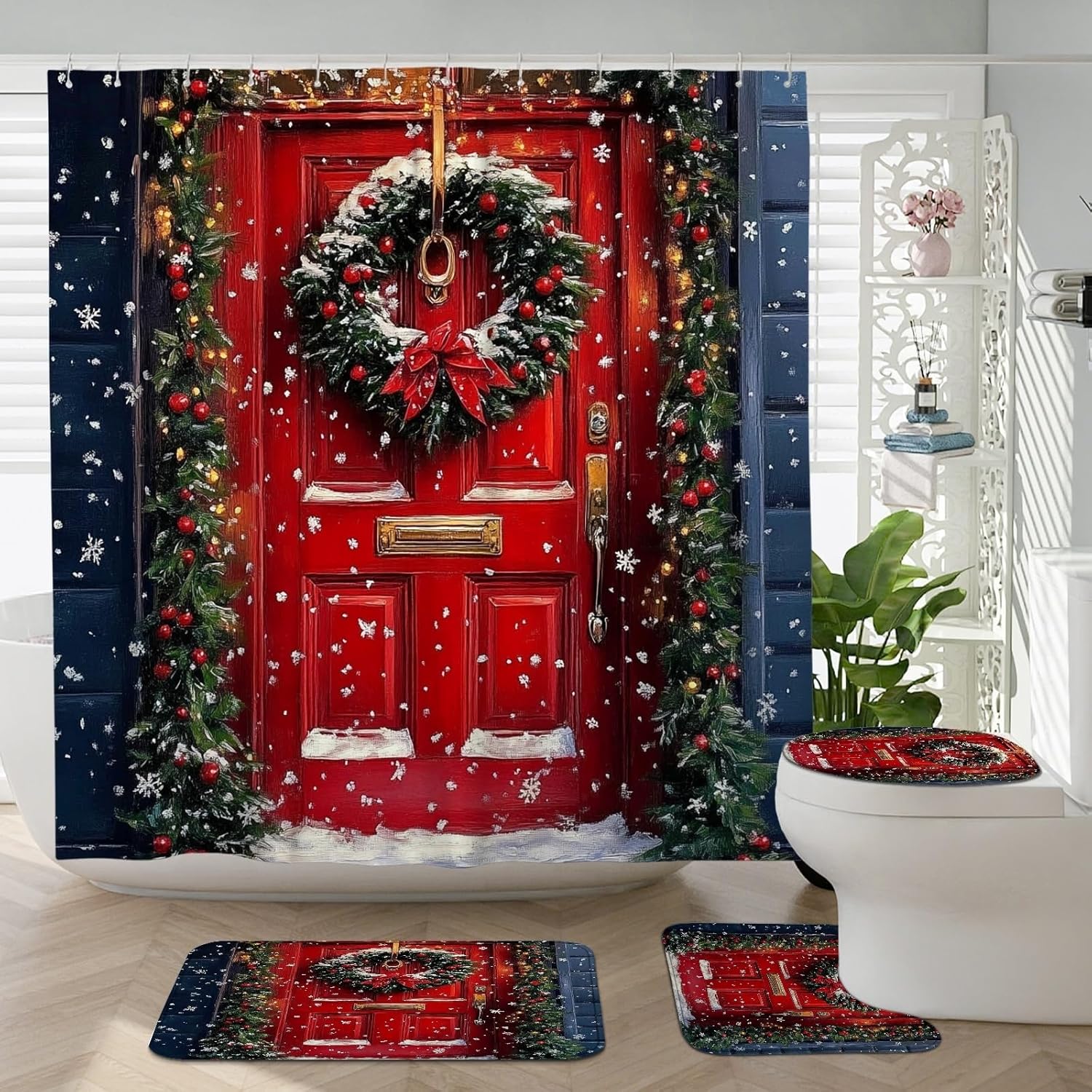4PCS Farmhouse Christmas Holly Bathroom Sets, Bath with Non-Slip Rug, U Shape Toilet Lid Cover Mat, Rustic Xmas Door Plant Leaf Bathroom Decor-72''x72''