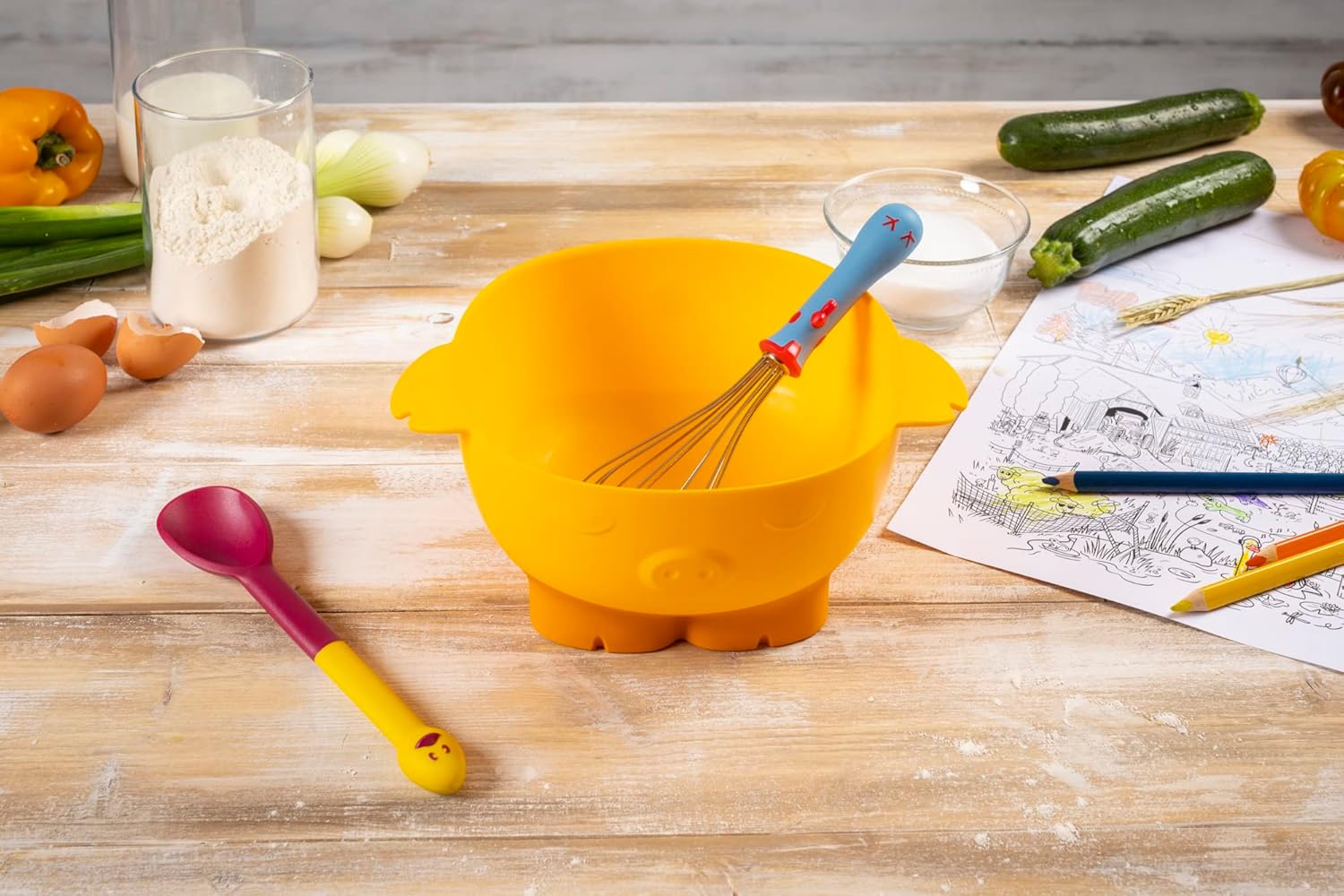 Kuhn Rikon Kinderkitchen Kids Mixing Set | Pig Mixing Bowl, Rooster Whisk & Goose Stirring Spoon | Child-Friendly Kitchen Tools for Real Cooking