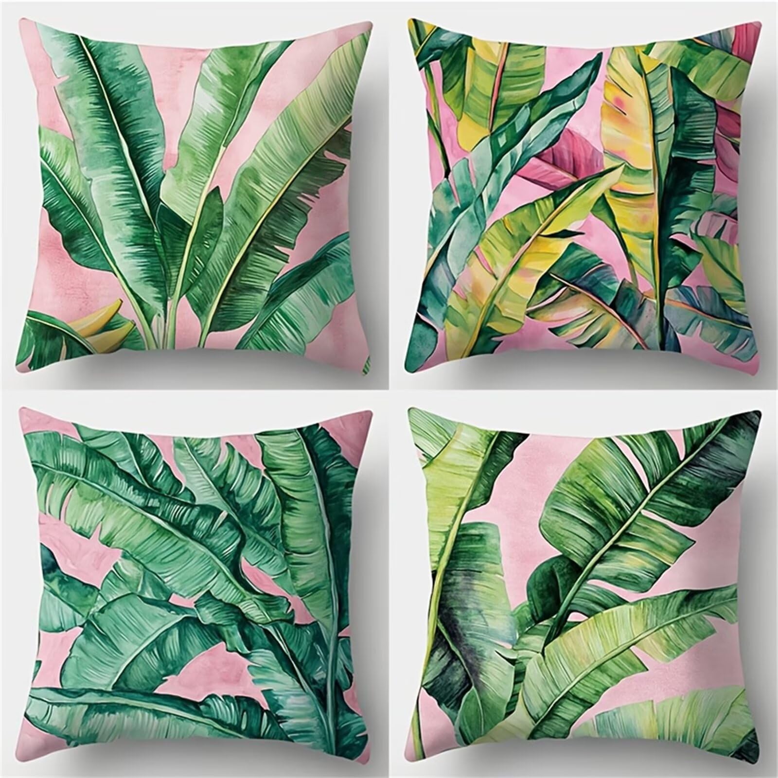 QiHon Cushion Covers 30x30 cm Set of 4 Tropical Plant Leaves Linen Square Pillow Cases 12x12 inch Modern Decorative Throw Pillow Covers for Sofa Couch Bedroom Home Office with Invisible Zipper