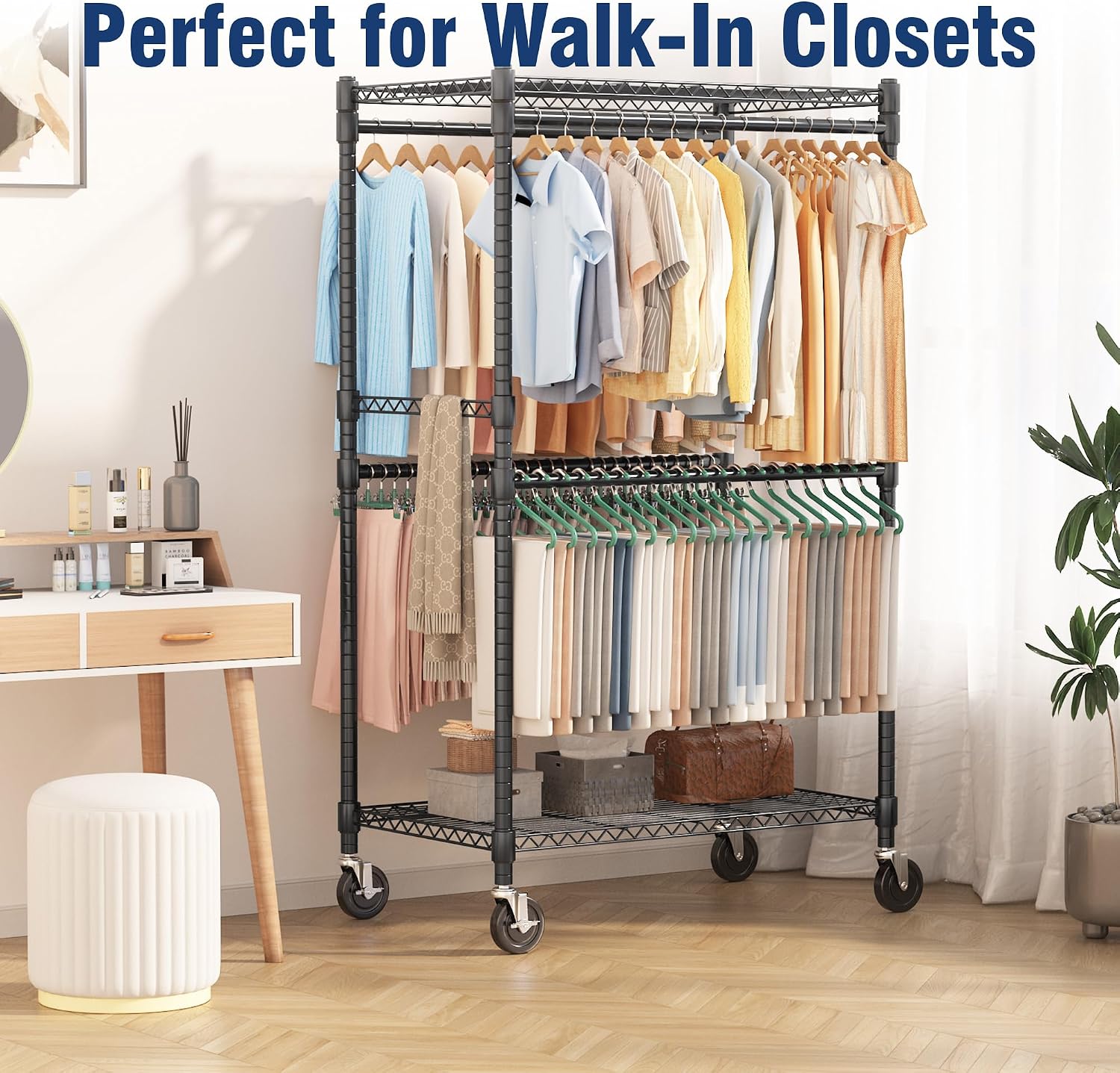Homdox Heavy Duty Rolling Clothes Rack, Adjustable Clothing Rack for Hanging Clothes, Portable Closet Rack with 4 Hanging Rods, 2 Storage Shelves, 35.5" W x 20.5" D x 80" H, Black