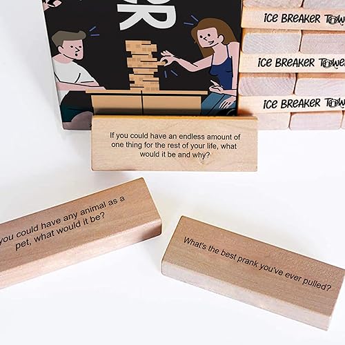 Miniatura 6 de Ice Breaker Tower Questions Tumbling Tower Game - Para todos - 54 divertidos iniciadores de conversación - Grandes juegos familiares para niños y