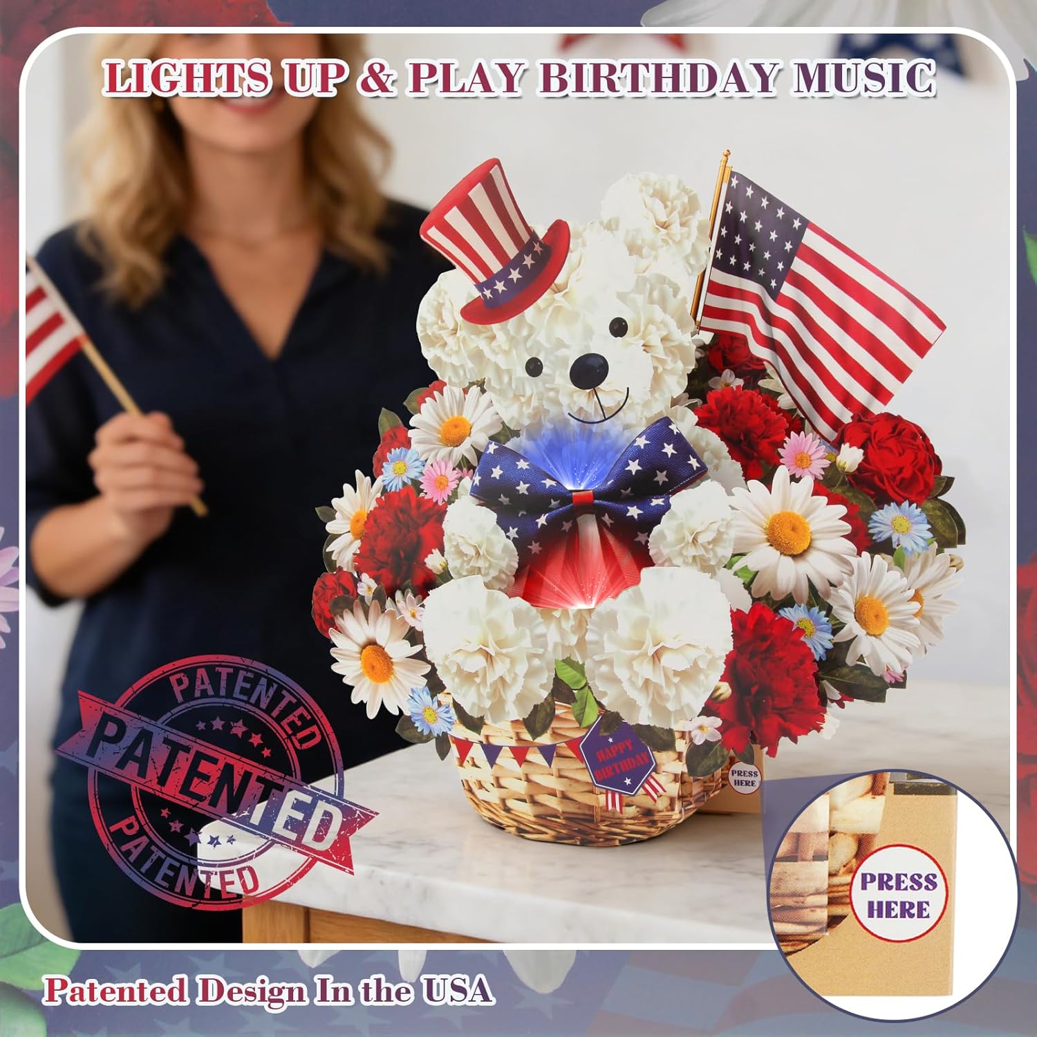 XTF2015 Birthday Cards Happy Birthday Card with MUSIC & LIGHTS, Bear & American Flag Card, 11 Inch 3D Pop Up Music Cards for Boy Girl Grandfather Uncle - Image 2