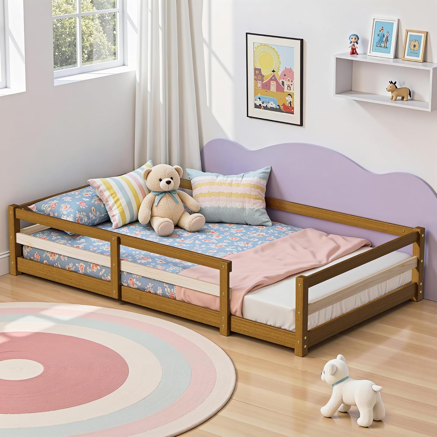 LLS Twin Size Floor Bed for Children Girls Boys, Wood Strip Montessori Bed Frame with Reinforced Safety Guardrails and Slats, Light Espresso