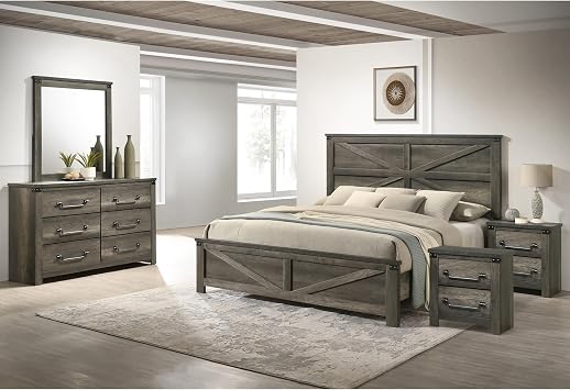 Furniture of America Sheila Farmhouse Wood 5-Piece Panel Bedroom Set with Center Metal Glides, English Dovetails, Antique Brass Color Drop Handles, Box Spring Required, Queen, Rustic Gray