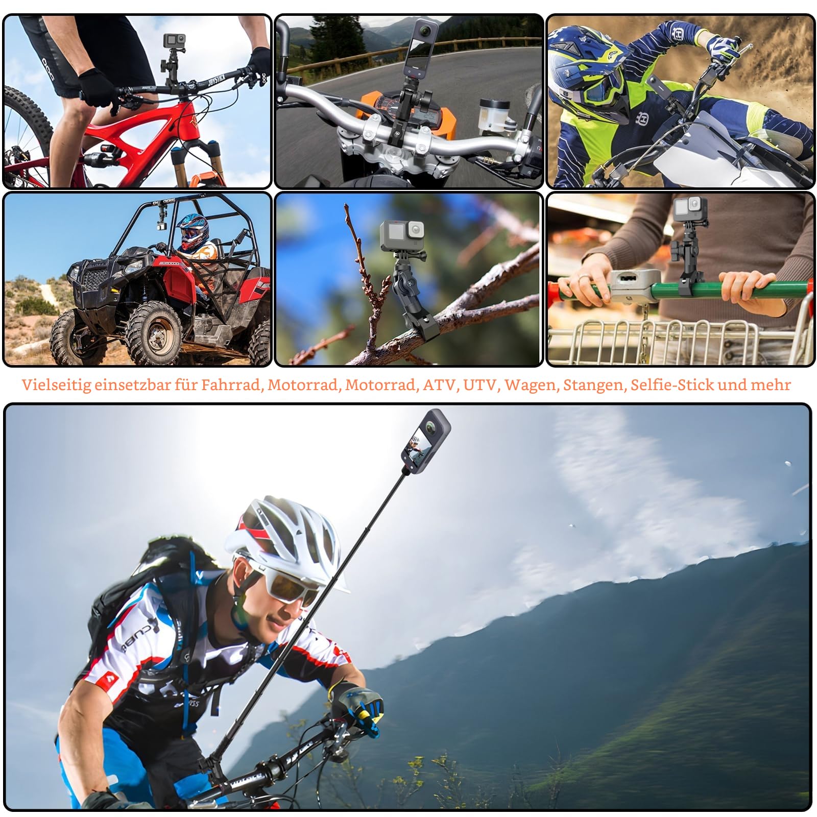 UNSTINCER Fahrrad Motorrad Lenker Kamera Halterung Schwerlast Klemme, Super Clamp mit 1/4 Gewinde und Action Cam Adapter, Selfie Stick Mount für Gopro Insta360 X5 DJI Akaso DSLR Monitor Stativ