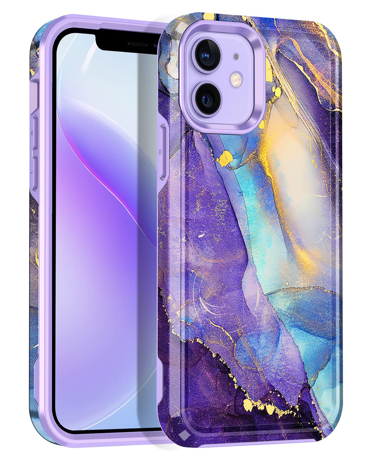 Casetego for iPhone 12 Case and iPhone 12 Pro Case,Marble Design Glossy Shockproof Protection Durable Hybrid Hard PC+Soft TPU Bumper Protective Girls Cover for iPhone 12/12 Pro 6.1 inch,Purple