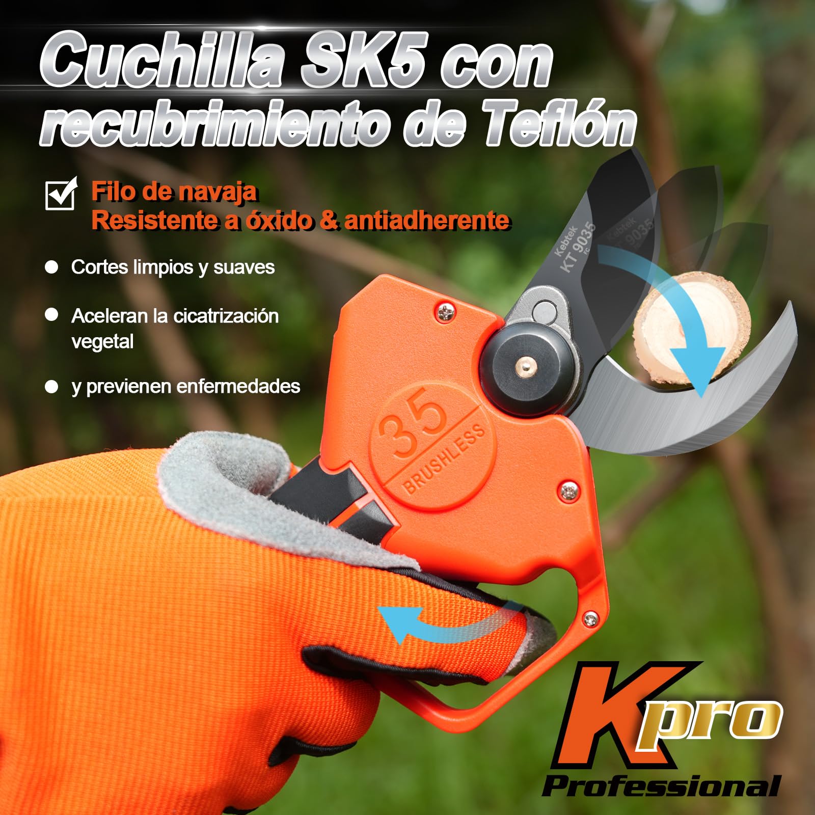 Kebtek KT 9035 Tijera de Poda Eléctrica Profesional 35mm | Batería 21V 4,0Ah, Diseño Ligero, Compatible Con Pértiga Extensible, Ideal Para Árboles, Frutales Y Jardines