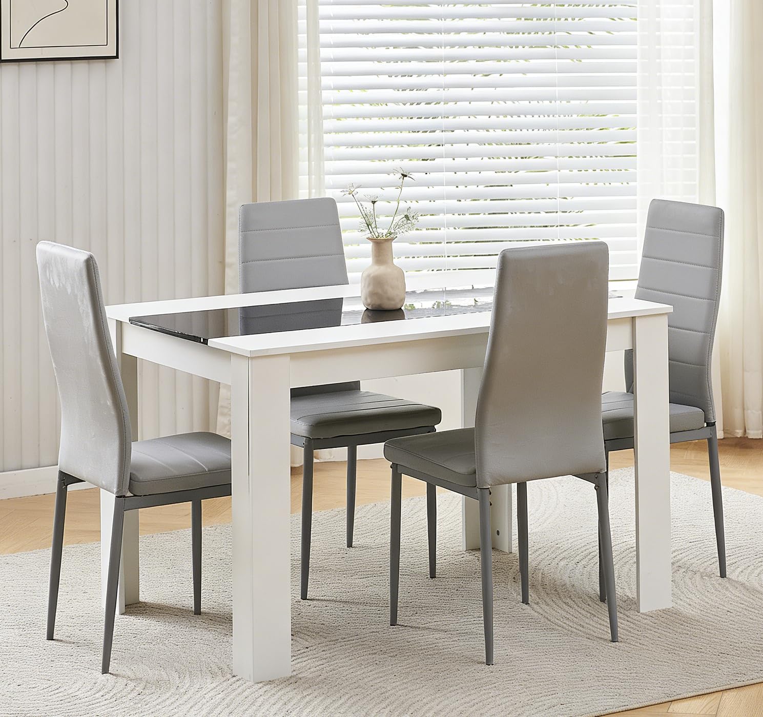 Menaka Wood Dining Table and Chairs Set of 4, Small Rectangular Kitchen Dinner Table with 4 Seaters (line grey leather chairs, 120m line table, 4 seaters) — image 1