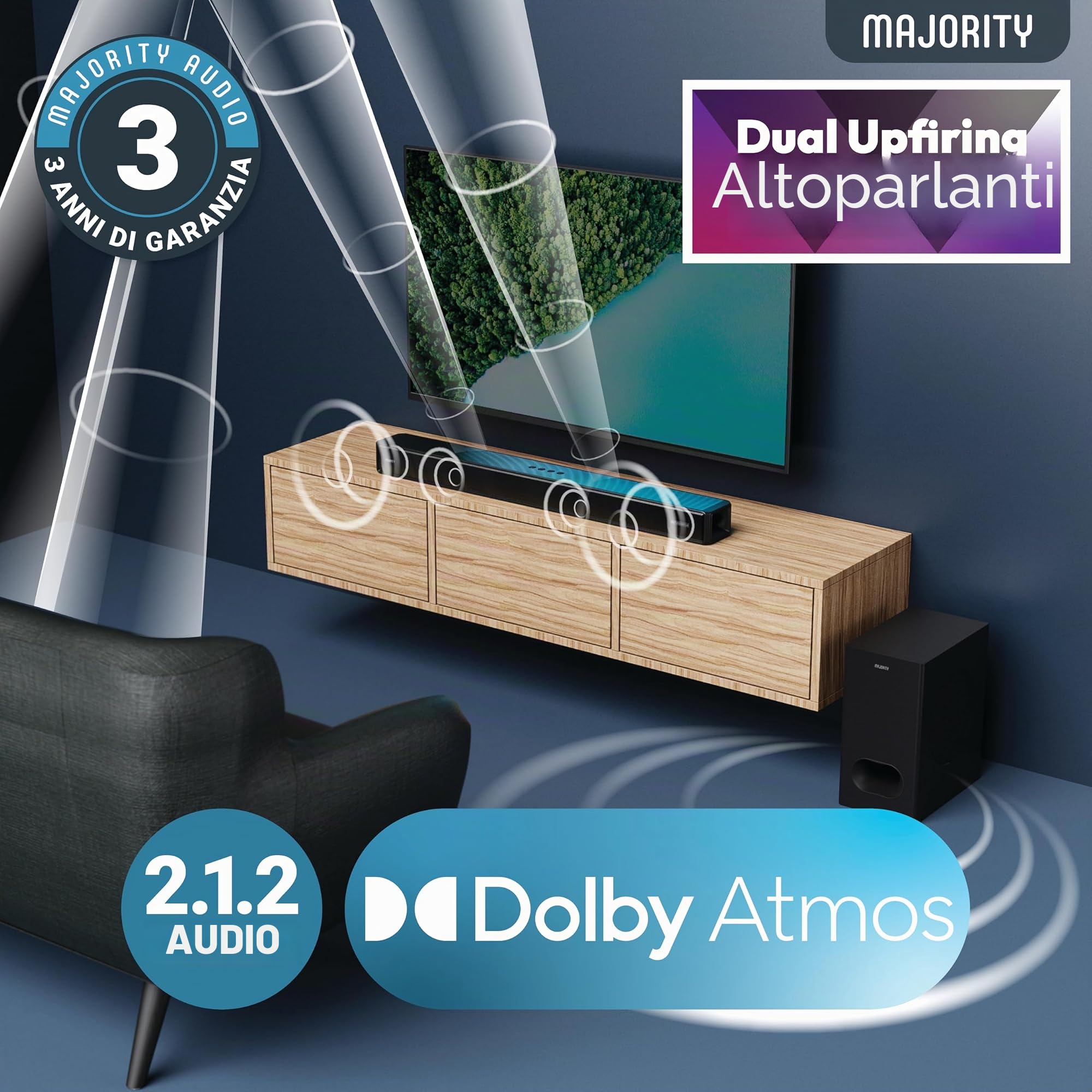 Majority Sierra Plus 2.1.2 Soundbar Dolby Atmos | 400 W con subwoofer wireless | Suono surround con altoparlanti rivolti verso l'alto | Multiconnessione incluso HDMI Arc