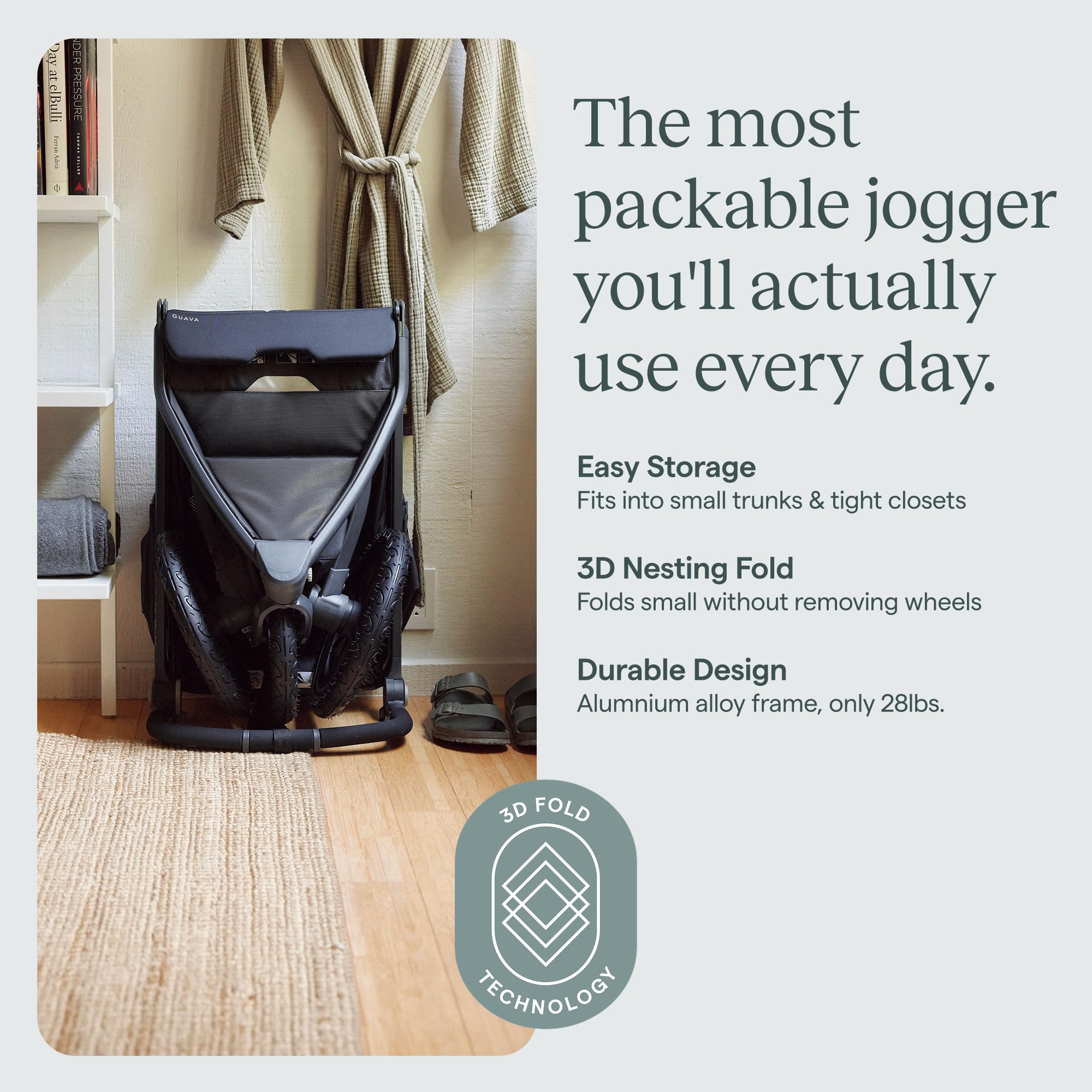 Guava Roam Jogging Stroller with 3D Nesting Fold | Compact-Folding Baby & Toddler Travel Stroller | All-Terrain Running Stroller | Portable Folding Stroller up to 60 lbs - 4