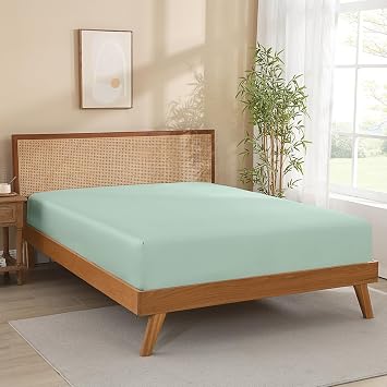 Queen Size Fitted Sheet Only, 100% Viscose from Bamboo, 300TC Sateen Weave, Silky Soft, Cooling, 16" Deep Pocket, All Round Elastic, No Slip, No Pilling, Sage Green