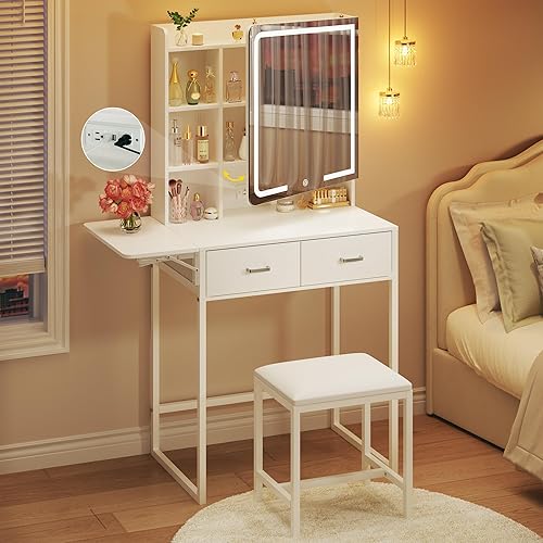 Escritorio de tocador con espejo y luces, pequeño tocador con cajón de almacenamiento de tela y estantes de almacenamiento ocultos, tocador de