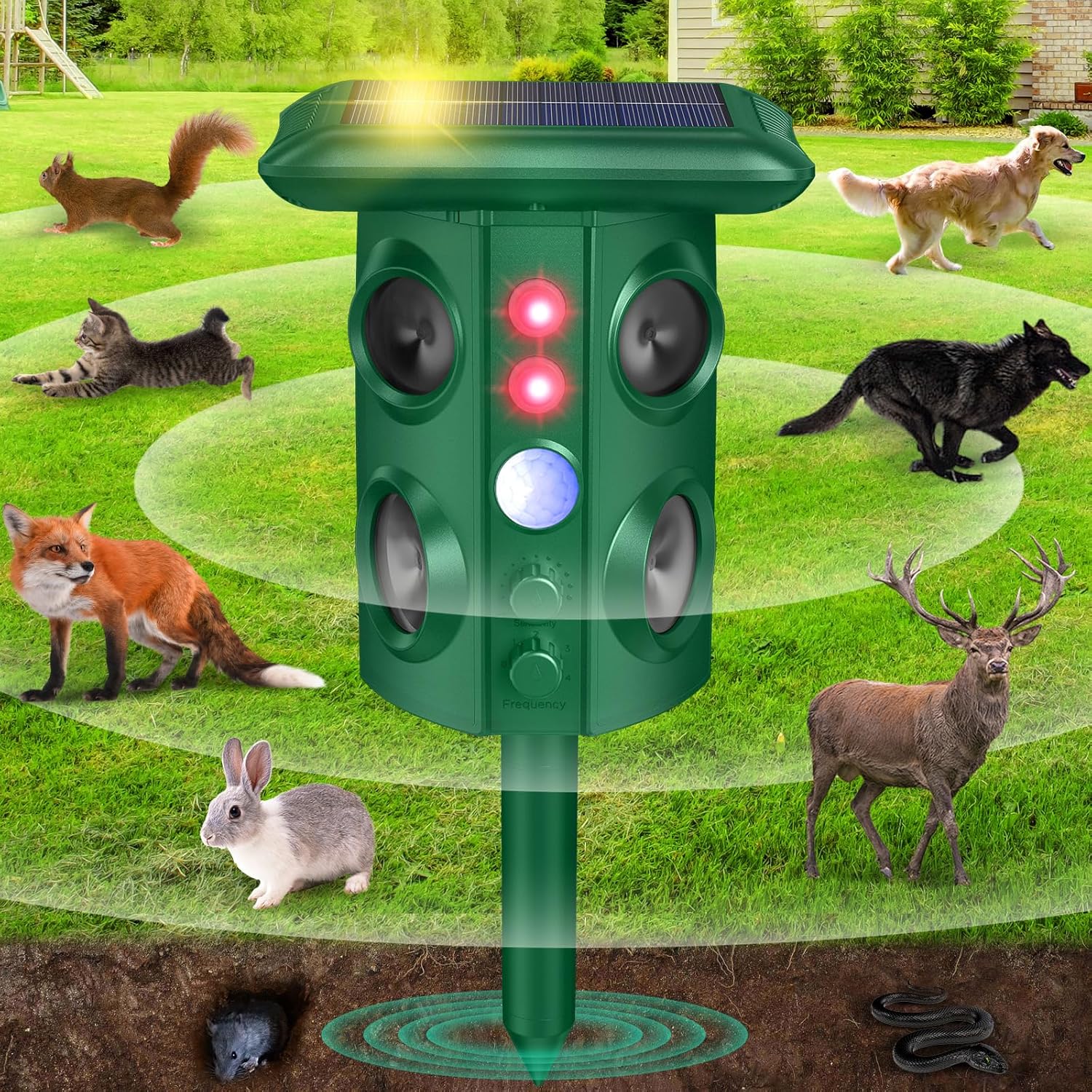Solar Animal Repellent with Vibration, Waterproof, Motion Sensor & Flashing Light, Ultrasonic Pest Repellent for Snakes, Moles, Cats, Dogs, Squirrels, Deer, Raccoon, Coyotes – Outdoor Use
