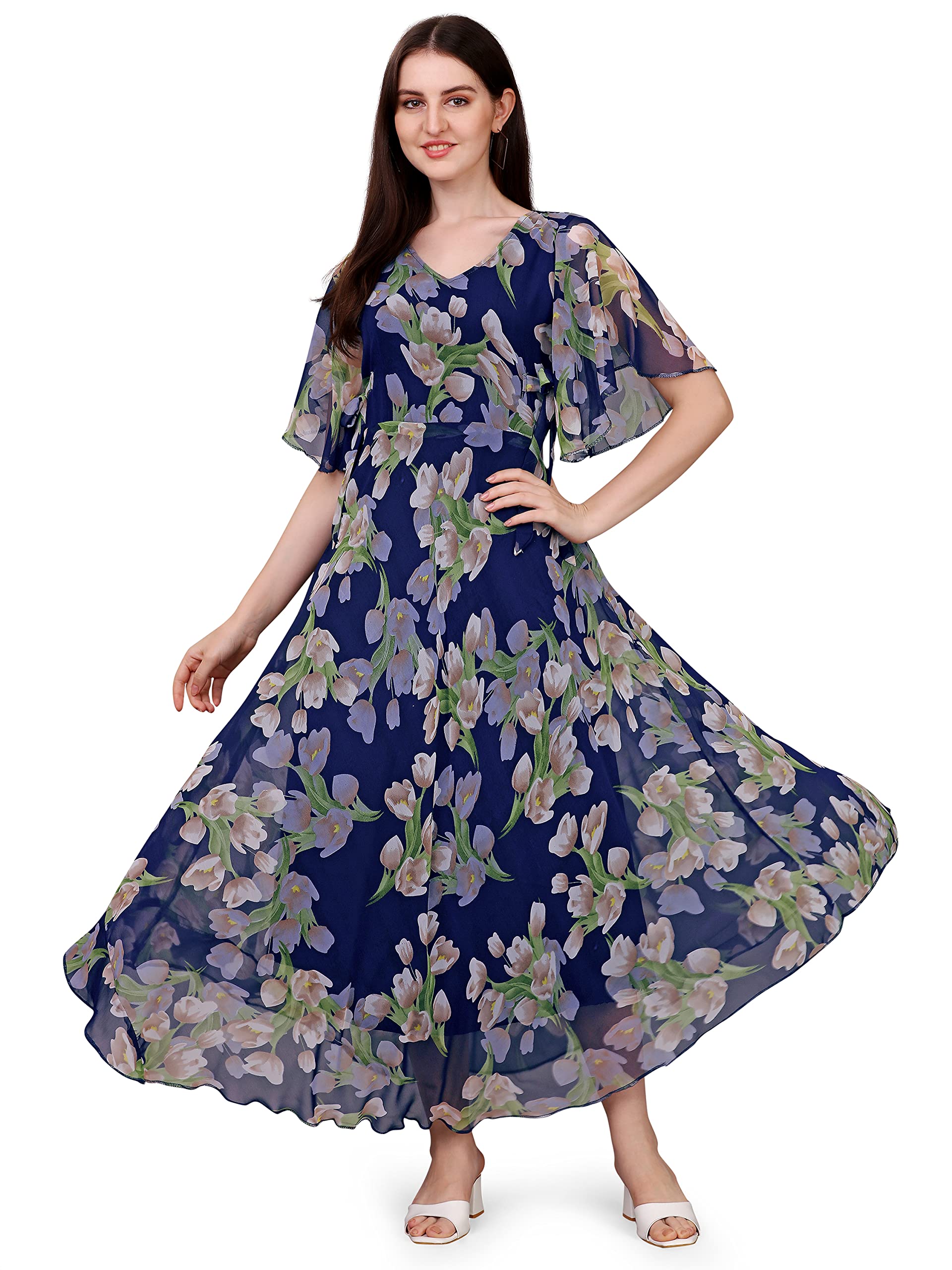 Fashion2wearWomen's Georgette Floral Digital Print Short Sleeve Full-Length Fit & Flare Long Gown Dress for Girls (LN-X9TQ-MN1D)