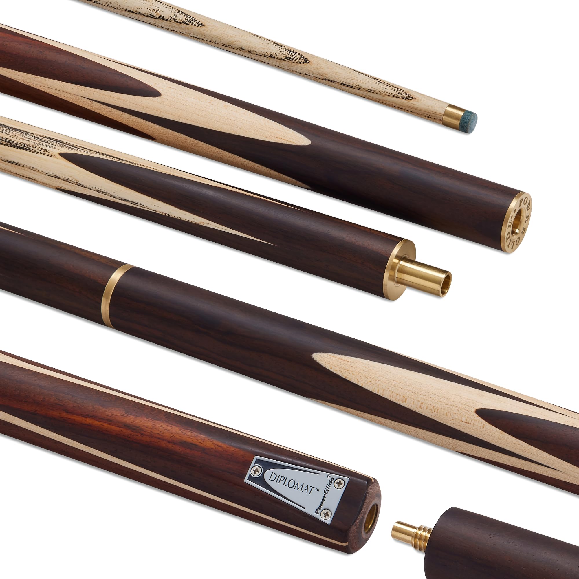 POWERGLIDE Diplomat 3/4 Jointed Snooker Cue – Ash Shaft, Hand Spliced Hardwood Butt, Brass Joint, Pro Tip – Performance Cue for Improving & League Players