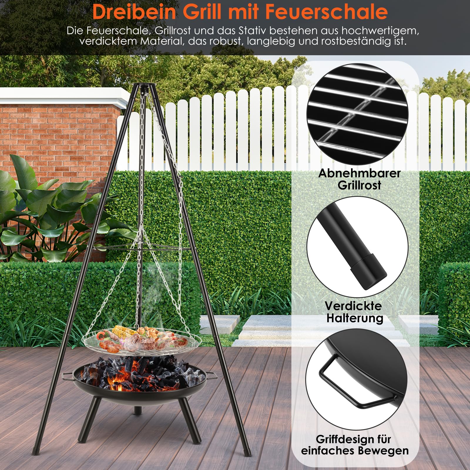 TLSUNNY Barbecue Pivotant avec Brasero, Barbecue Trépied avec Chaîne, Barbecue Charbon de Bois, Réglable en Hauteur de 200 cm, Ø68 cm Brasero avec Poignée, Foyer Extérieur pour Griller et Chauffer