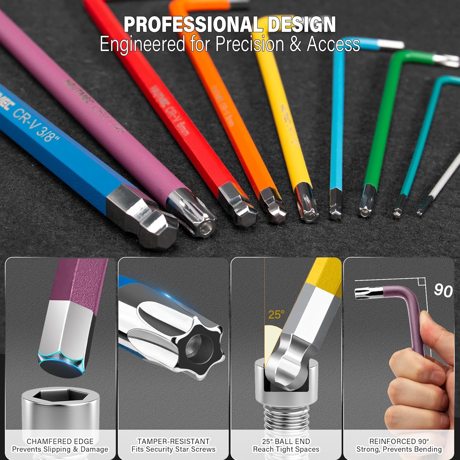 HAUTMEC 27PCS Long Allen Wrenches Sets with Ball End, SAE Metric Torx Allen Key Set with T-Handle Hex Key, 60CR-V Steel, Color Coded & Storage Bag, SAE(1/16" to 3/8″),Metric(1.5-10mm),Torx (T10-T50)