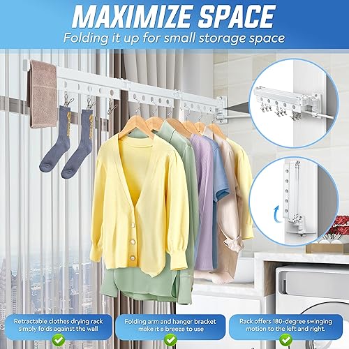 Miniatura 3 de Perchero de Ropa Montado en la Pared, Perchero de Secado Retráctil y Ahorro de Espacio de Aluminio Plegable para Uso en Interior y Exterior -