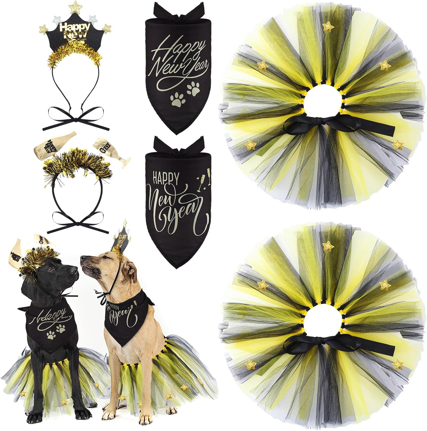 Suhine 6 Pcs Pet Happy New Year Costume Dog Accessories Include Puppy Dogs Tutu Dress Dog New Years Bandana Headband New Years Outfit for Dogs Cat Pet Costume Supplies