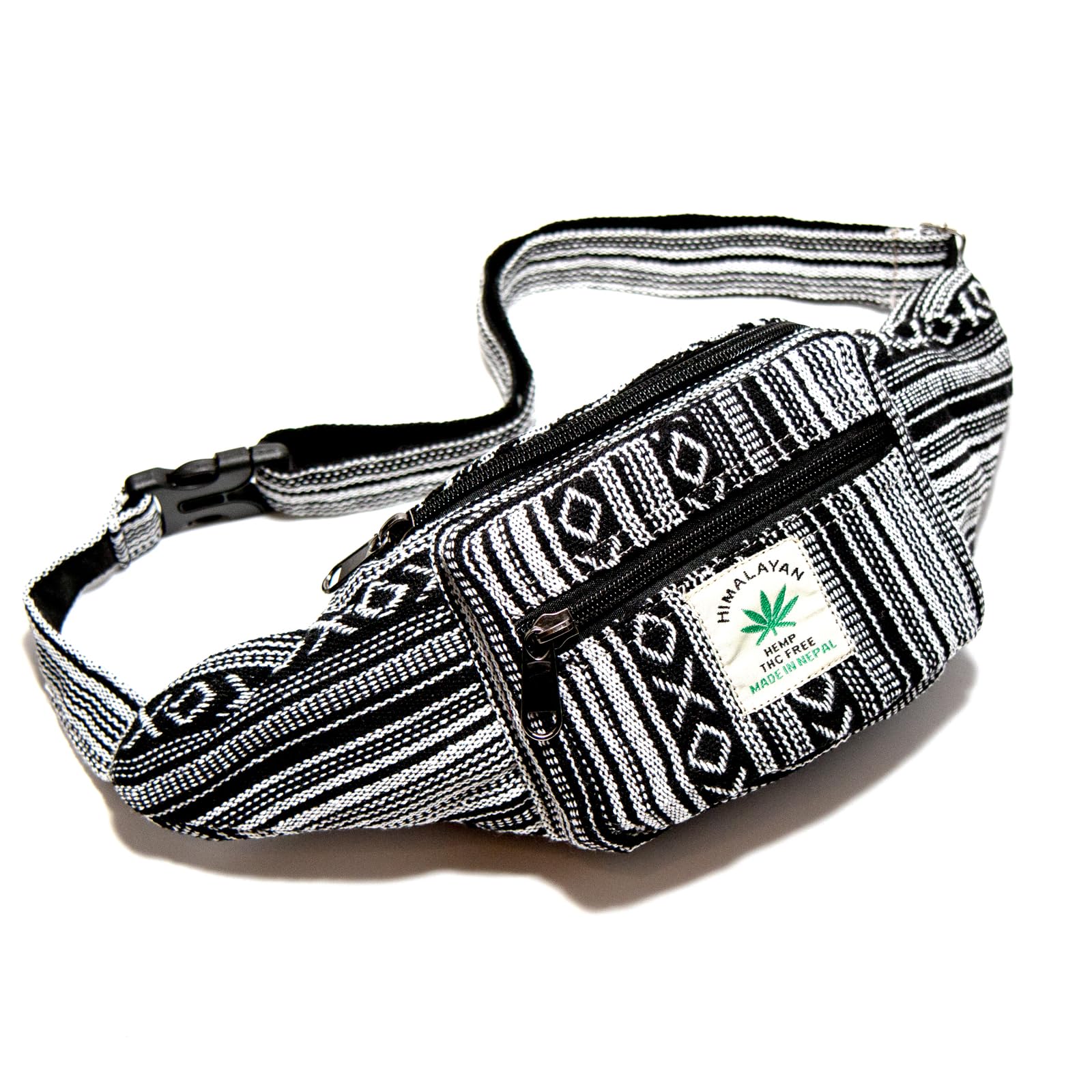 Marsupio Himalayan Hemp, ogni marsupio è un pezzo unico con stile, hipbag sostenibile in canapa, realizzato a mano in Nepal, Nero/Bianco, S