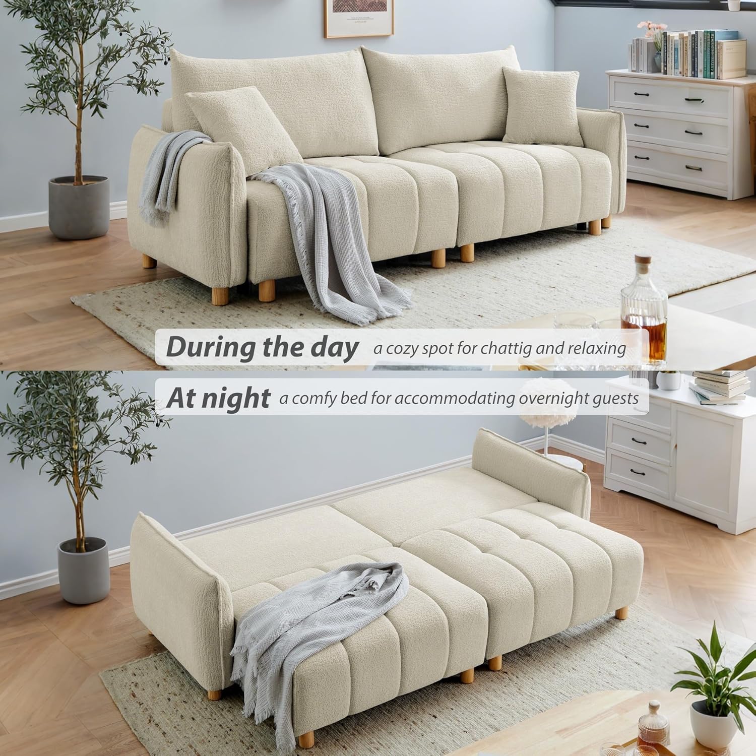 Convertible Futon Sofa Bed, Chenille Sleeper Sofa Bed with Storage, Full Size Couch Bed Sofacama for Living Room, Apartment, Small Spaces, Guest Room, Beige