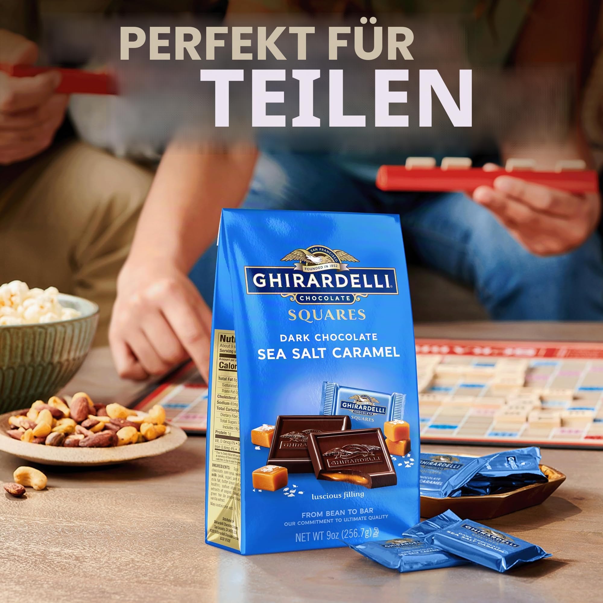 GHIRARDELLI Dunkle Schokolade Meersalz Karamell Quadrate – Premium einzeln verpackte dunkle Schokolade Süßigkeiten mit Butterkaramellfüllung und Meersalz, 470 ml Beutel