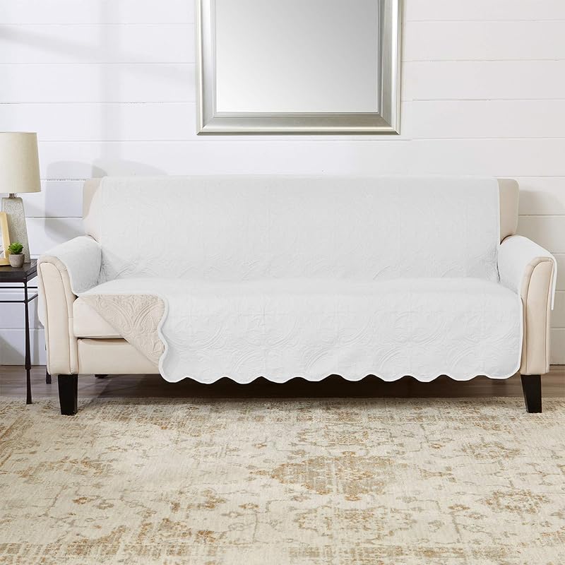 Reversible Sofa Cover - Washable Slipcover Furniture Protector with Elastic Straps - Perfect for Kids & Pets - Quilted & Stitched Detail (White/Sand)