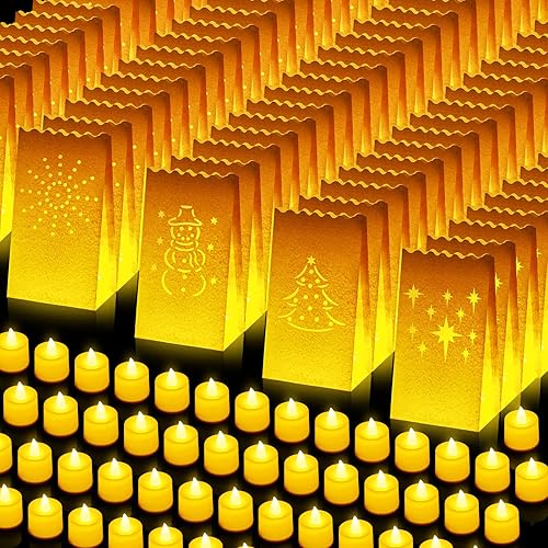VIHOSE Juego de 100 bolsas de papel luminarias de Navidad de 10.24 pulgadas con velas de té sin llama, velas LED votivas, bolsas luminarias para