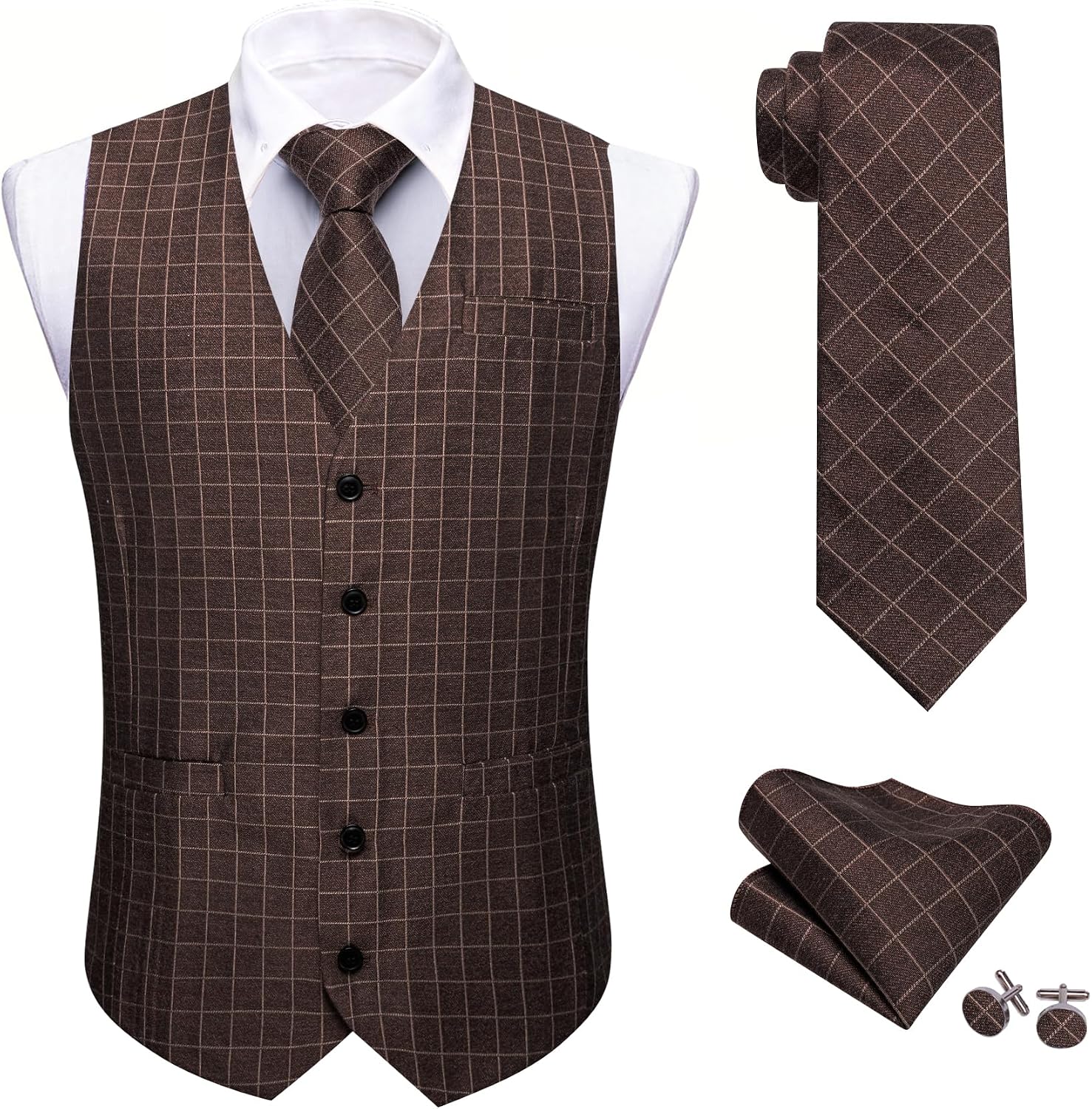 Barry.Wang Men's Vintage Plaid Suit Vest 4PCS Set Waistcoat Wool Blend
