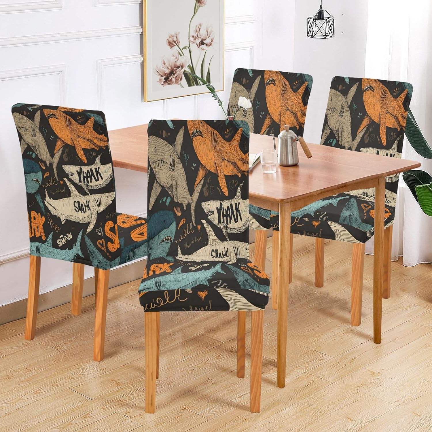 ALAZA Chair Covers for Dining Room, Line Shark Pattern Stretch Chair Cover Sets Chair Protector Removable Washable for Ktichen Restaurant Hotel