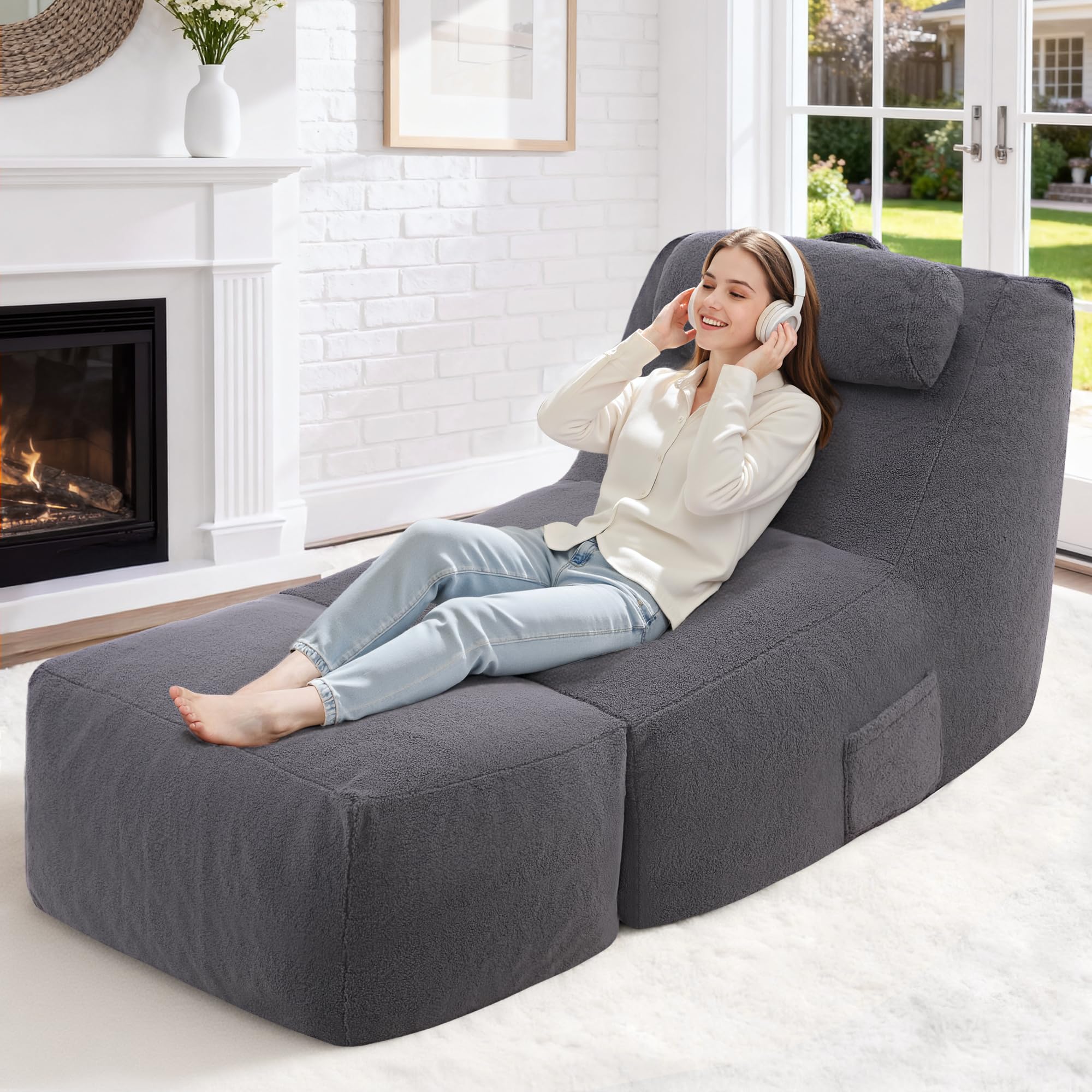 Giant Bean Bag Chairs for Adults,Big Bean Bag Lounger with Removable Cover,Large BeanBag Chair with Ottoman&Storage Pocket,Memory Foam Filled Bean Bag Sofa for Living Room,Bedroom-Teddy Grey