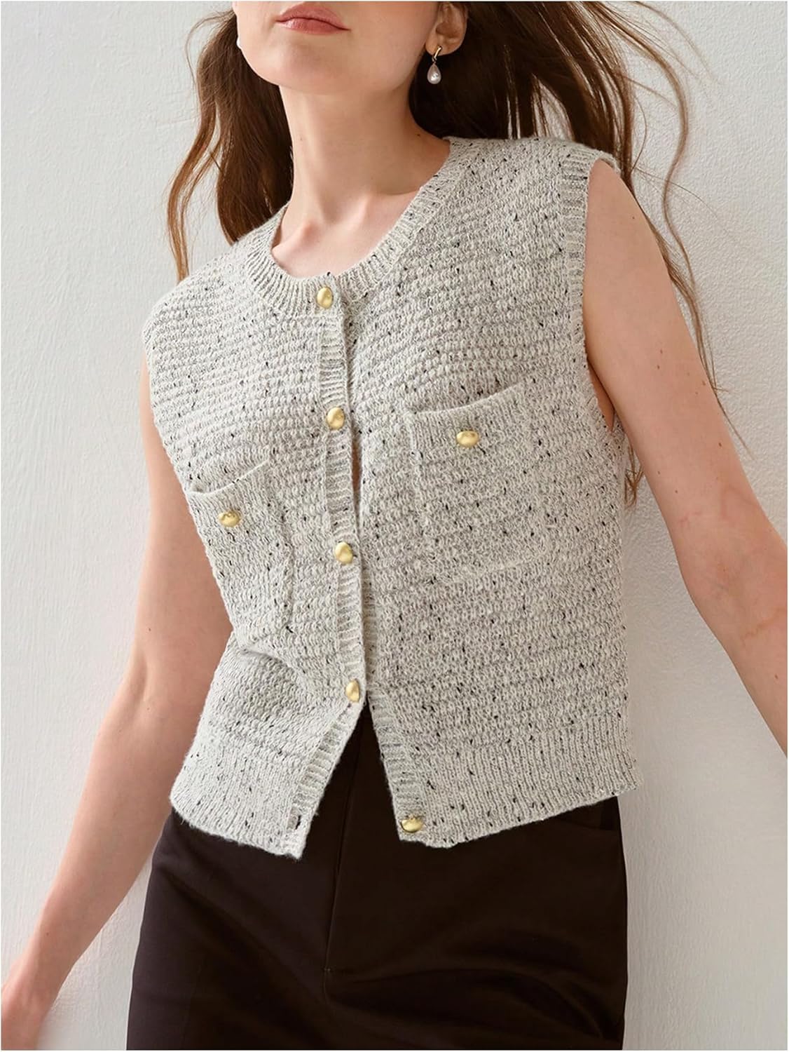 Floerns Women's Elegant Button Up Sweater Vest Crew Neck Sleeveless Dressy Casual Knit Pullover - Image 2