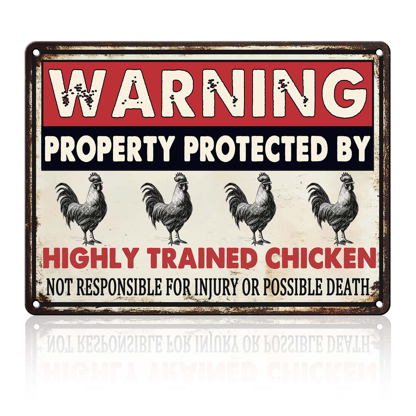 Anceky Warning This Property Is Protected By A Highly Trained Chicken Metal Sign Retro Tin Sign Wall Decor for Farmhouse Kitchen Cafe Home Yard 12×16 Inch