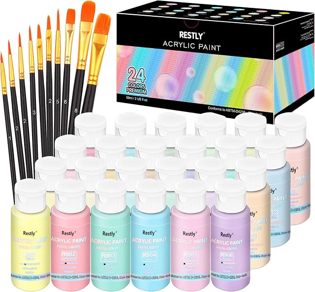 Efimeso Pastel Acrylic Paint Set,24 Pastel Acrylic Paints with 10 Brushes,Acrylic Paints for Artists ,Children,Plastic, Rock,Canvas,Glass & Wood