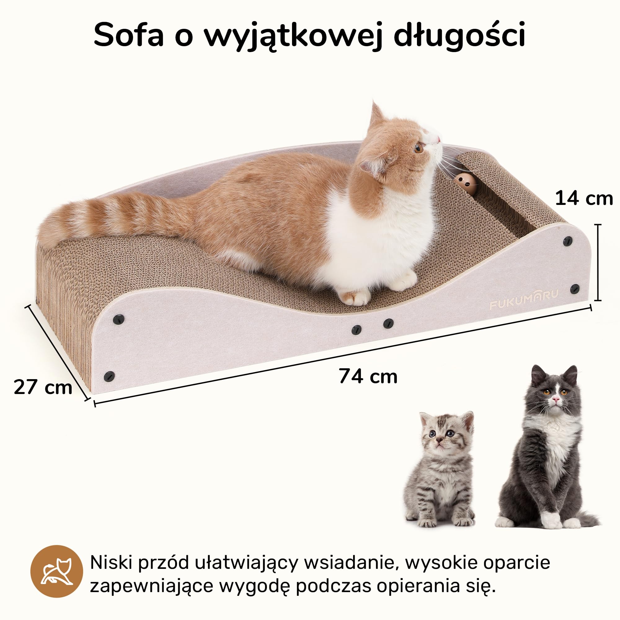 FUKUMARU Kartonowe legowisko dla kota z drapakiem, bardzo długie 74 cm, naturalny filc, wielofunkcyjne legowisko dla kota z drapakiem i zabawką w kształcie piłki, kolor camelowy